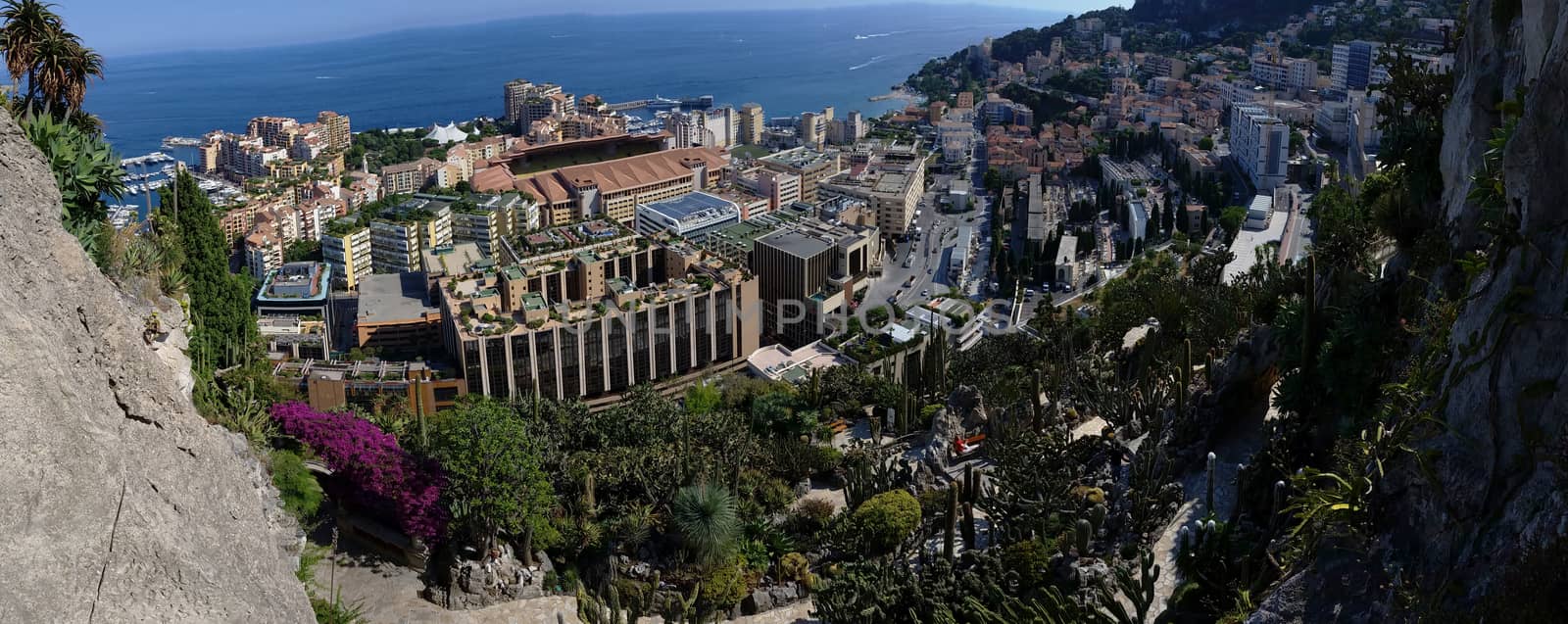 Panoramic view of Fontvieille District in Monaco from the Exotic Garden