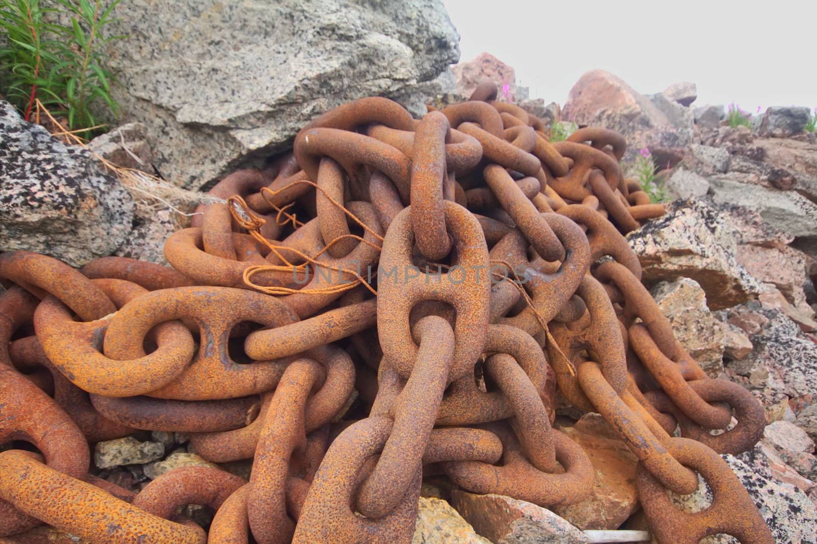 anchor chain on the shore close up