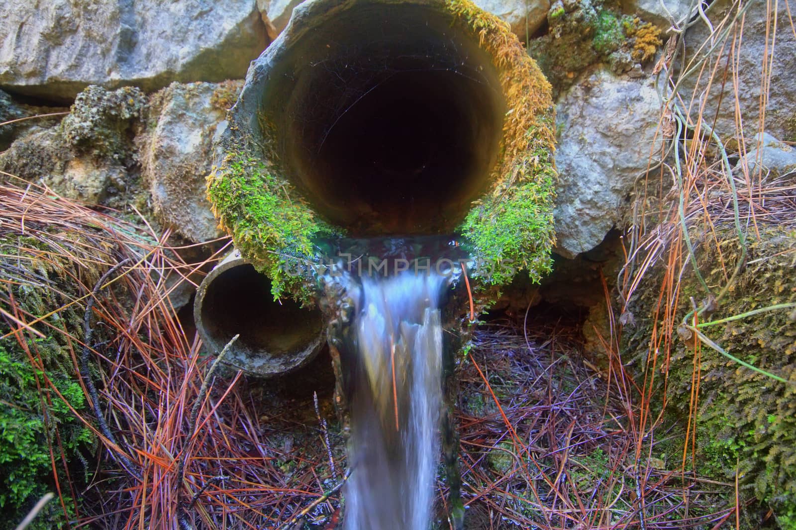 Two pipes laid under the road for water drainage. One mossy pipe flowing clean water.