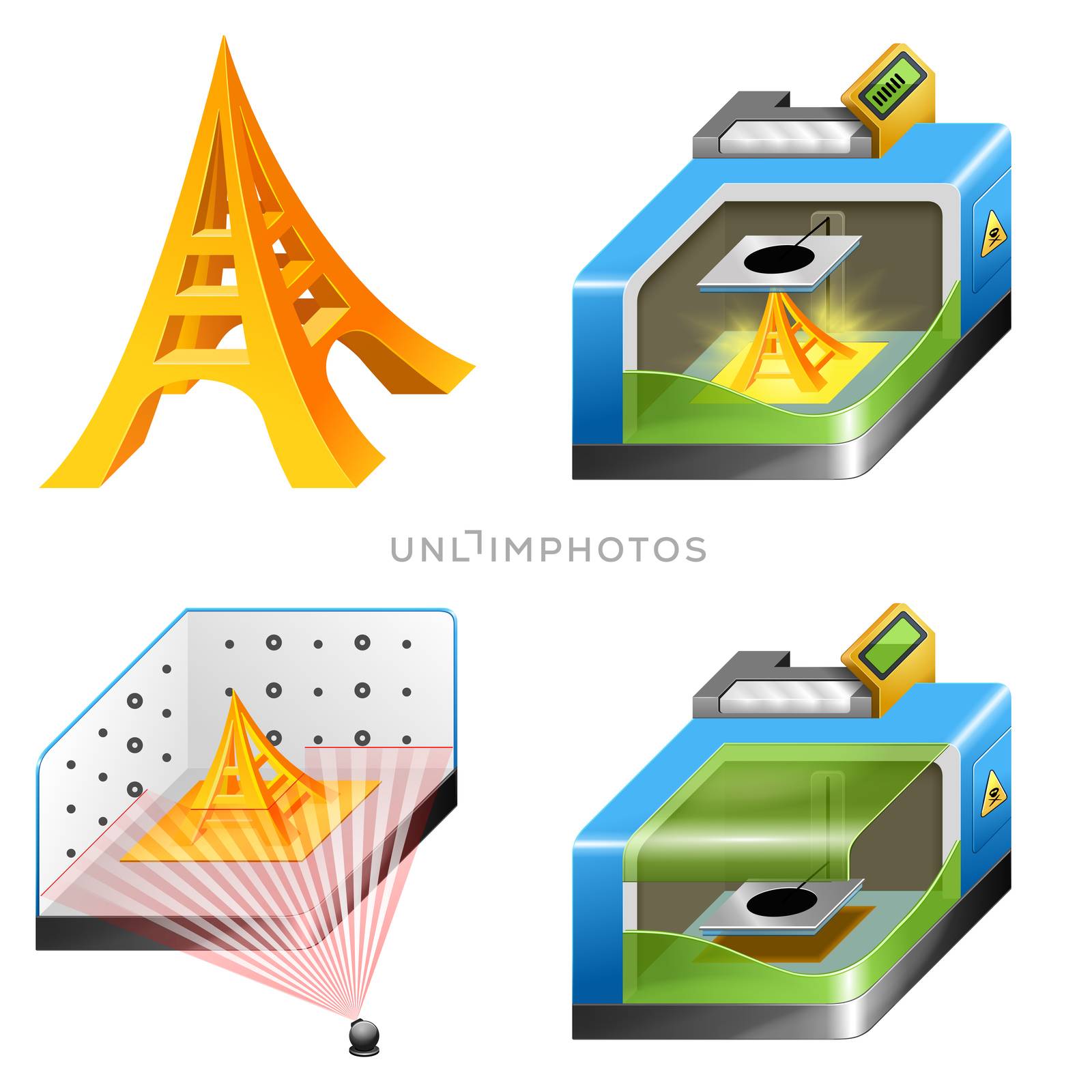3d printing and 3d scanning icon set. These icons are isolated on a white background. 