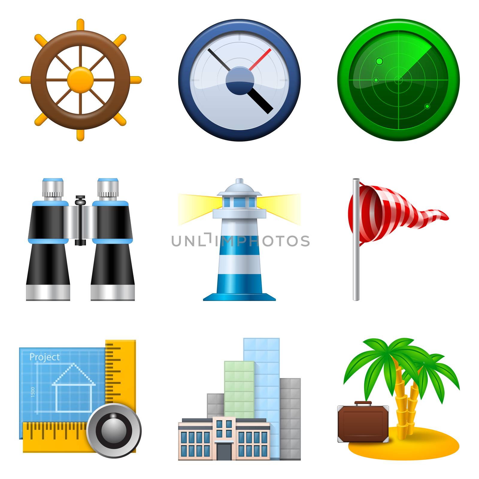 Travel and navigation icons isolated on a white background. The icon set has realistic style.