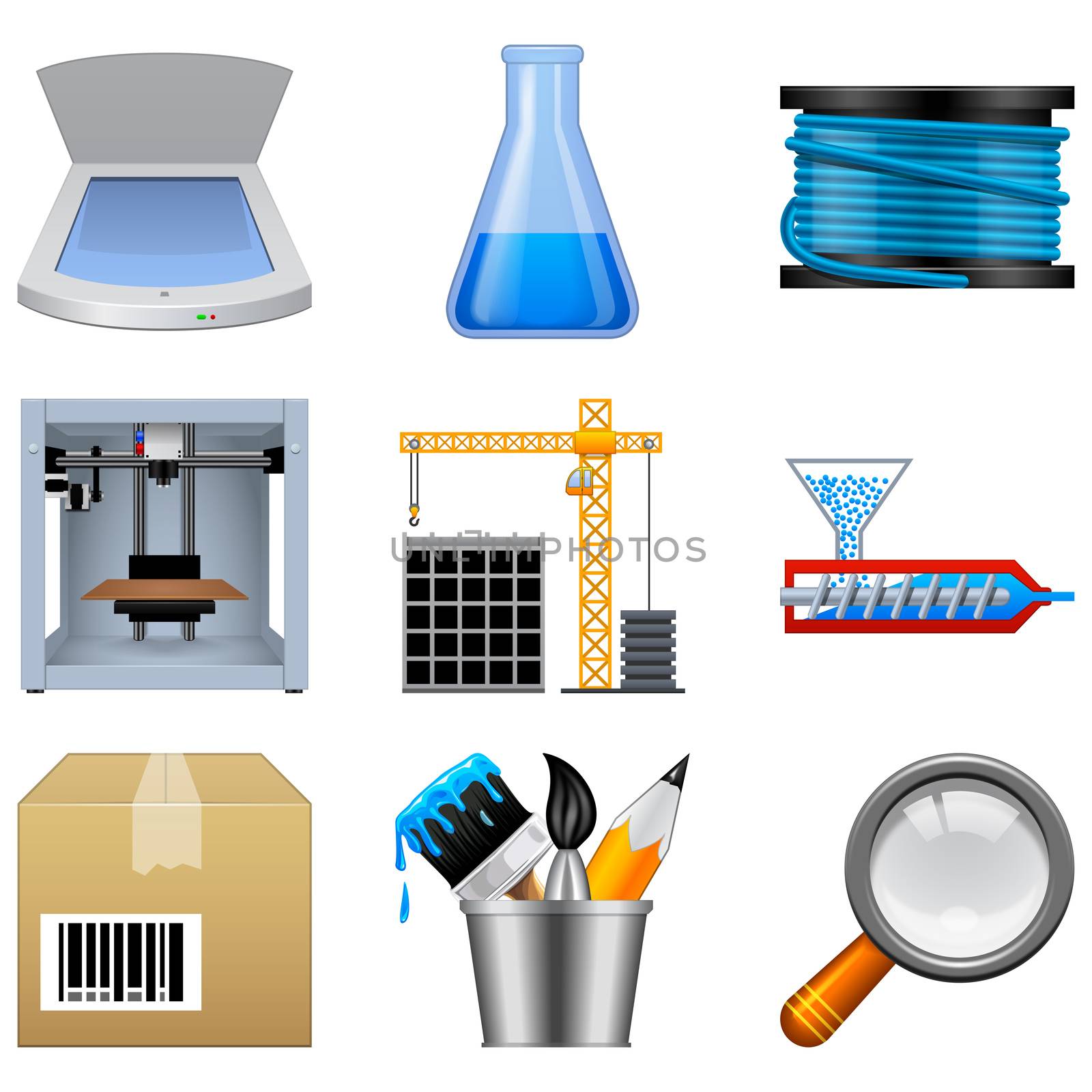 Additive manufacturing icons isolated on a white background. This icon set is useful for 3d printer applications.