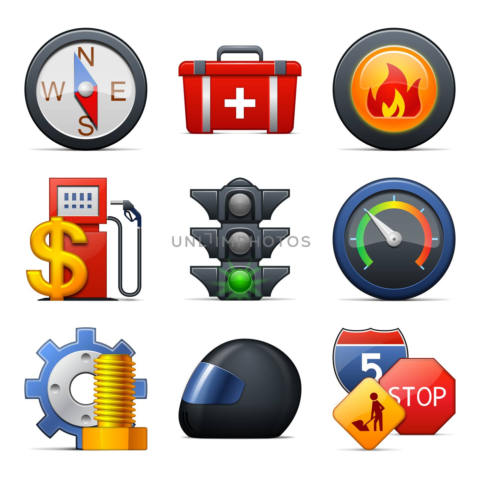Transportation and road icon set isolated on a white background. Icons have small shadow.