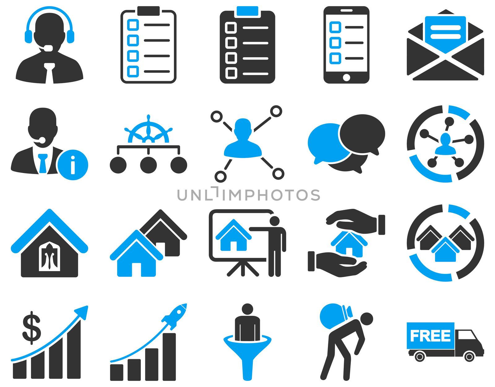 Business, sales, real estate icon set. These flat bicolor symbols use modern corporate light blue and gray colors. Images are isolated on a white background. Angles are rounded.