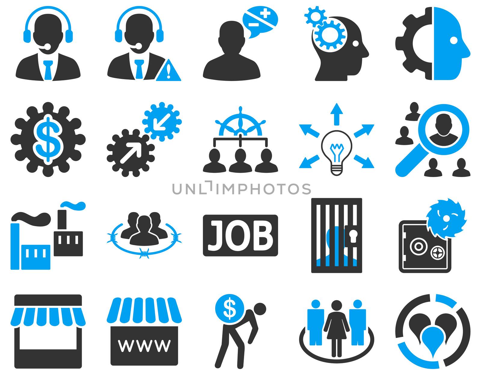 Business, service, management icons. These flat bicolor symbols use modern corporate light blue and gray colors. Images are isolated on a white background. Angles are rounded.