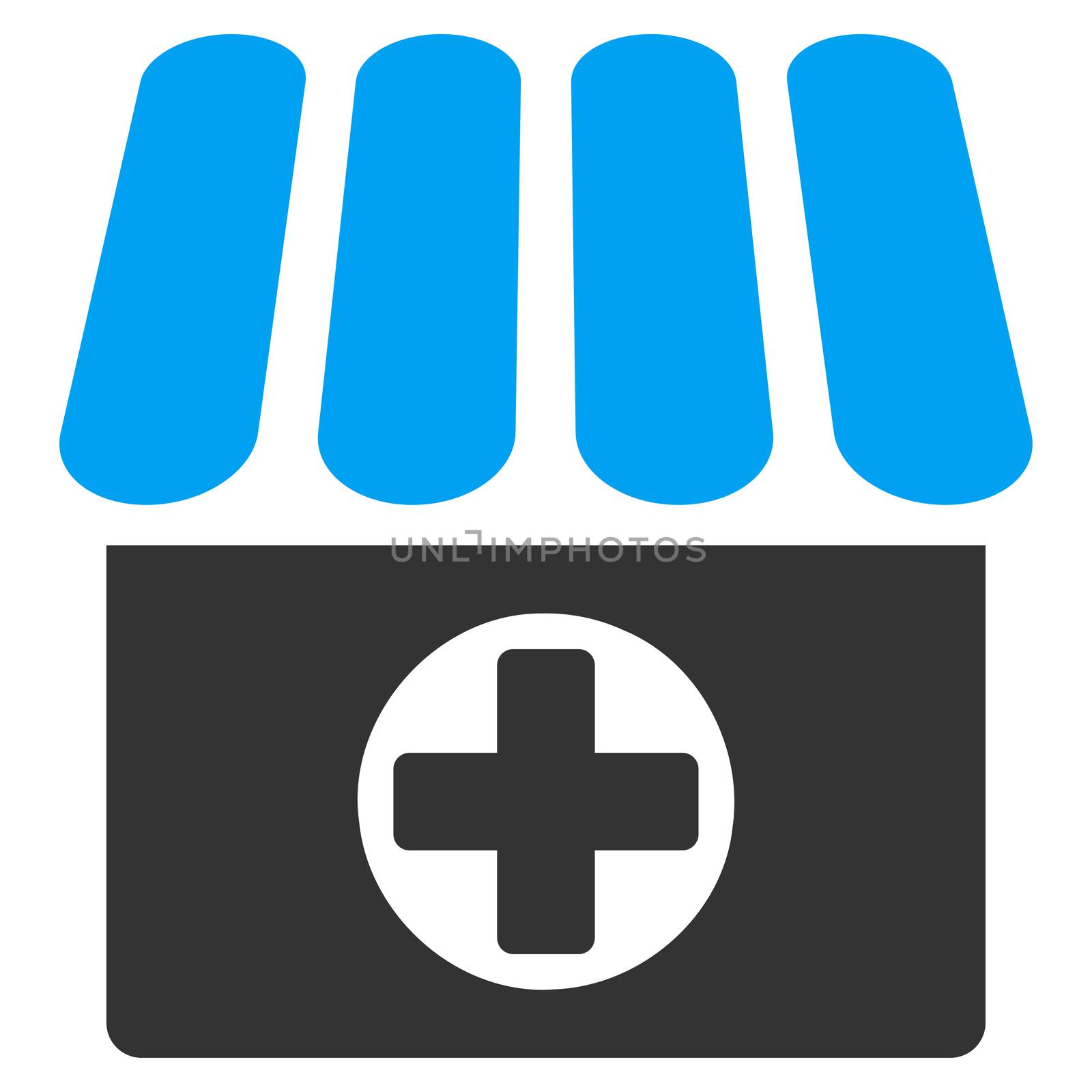Drugstore icon from Business Bicolor Set. Glyph style is bicolor flat symbol, blue and gray colors, rounded angles, white background.