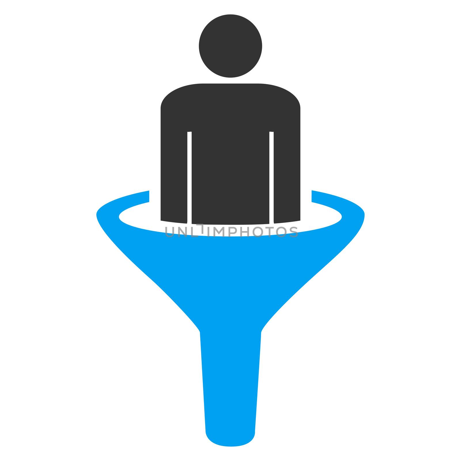 Sales funnel icon from Business Bicolor Set. Glyph style is bicolor flat symbol, blue and gray colors, rounded angles, white background.