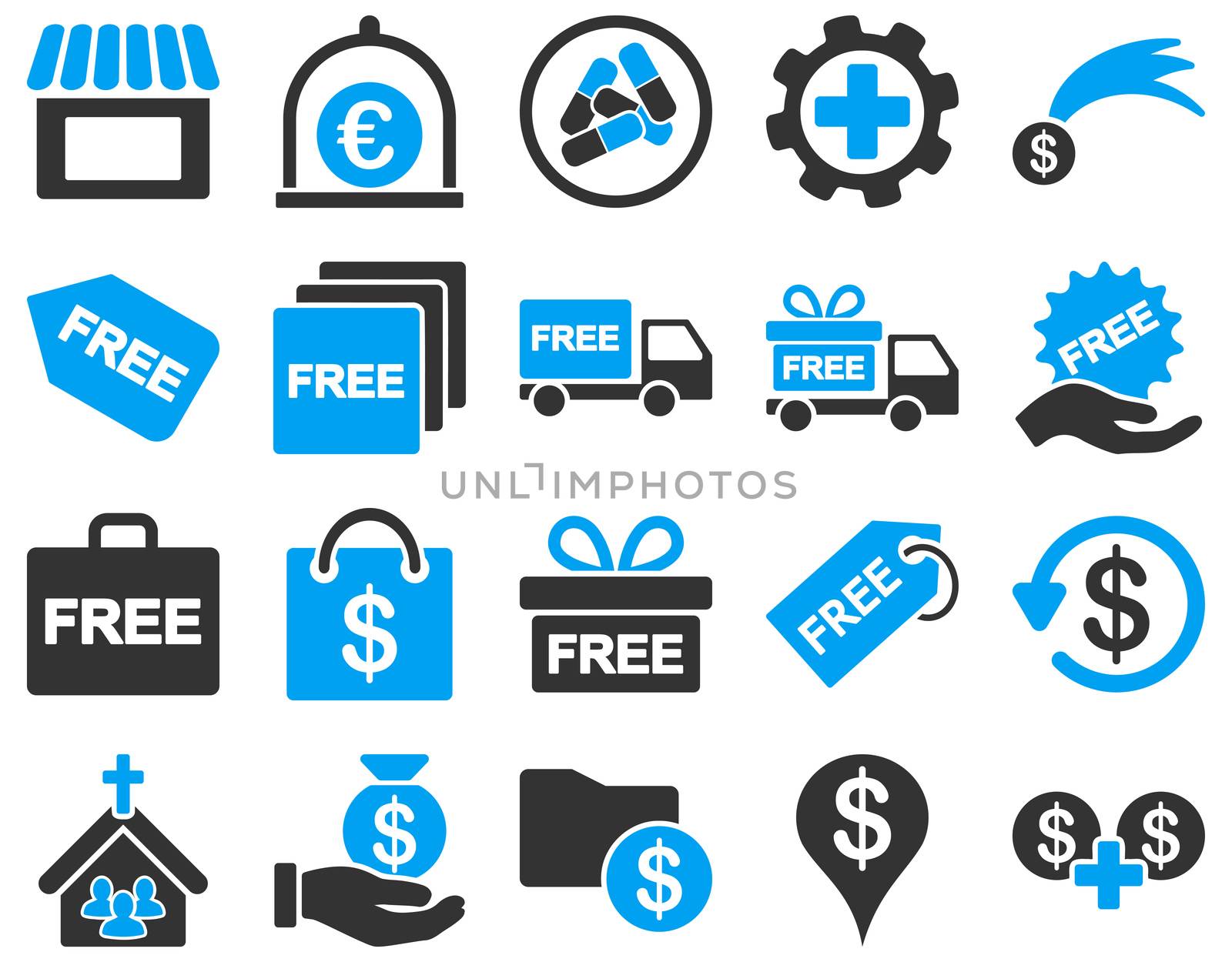 Shipment service and gift icon set. These flat bicolor symbols use modern corporate light blue and gray colors. Glyph images are isolated on a white background. Angles are rounded.