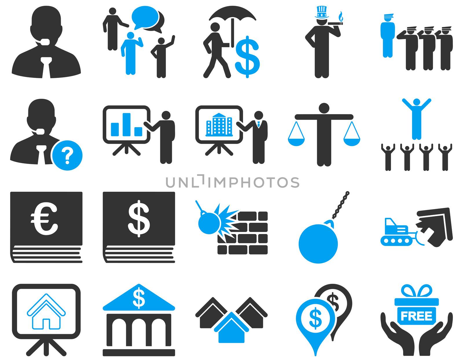 Bank service and people occupation icon set. These flat bicolor symbols use modern corporate light blue and gray colors. Glyph images are isolated on a white background. Angles are rounded.