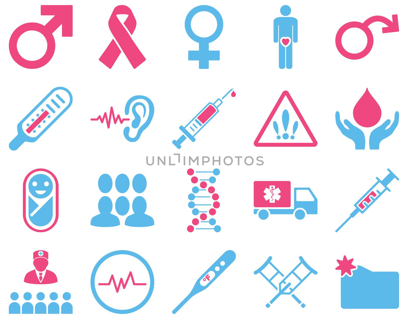 Medical icon set. Style: bicolor icons drawn with pink and blue colors on a white background.