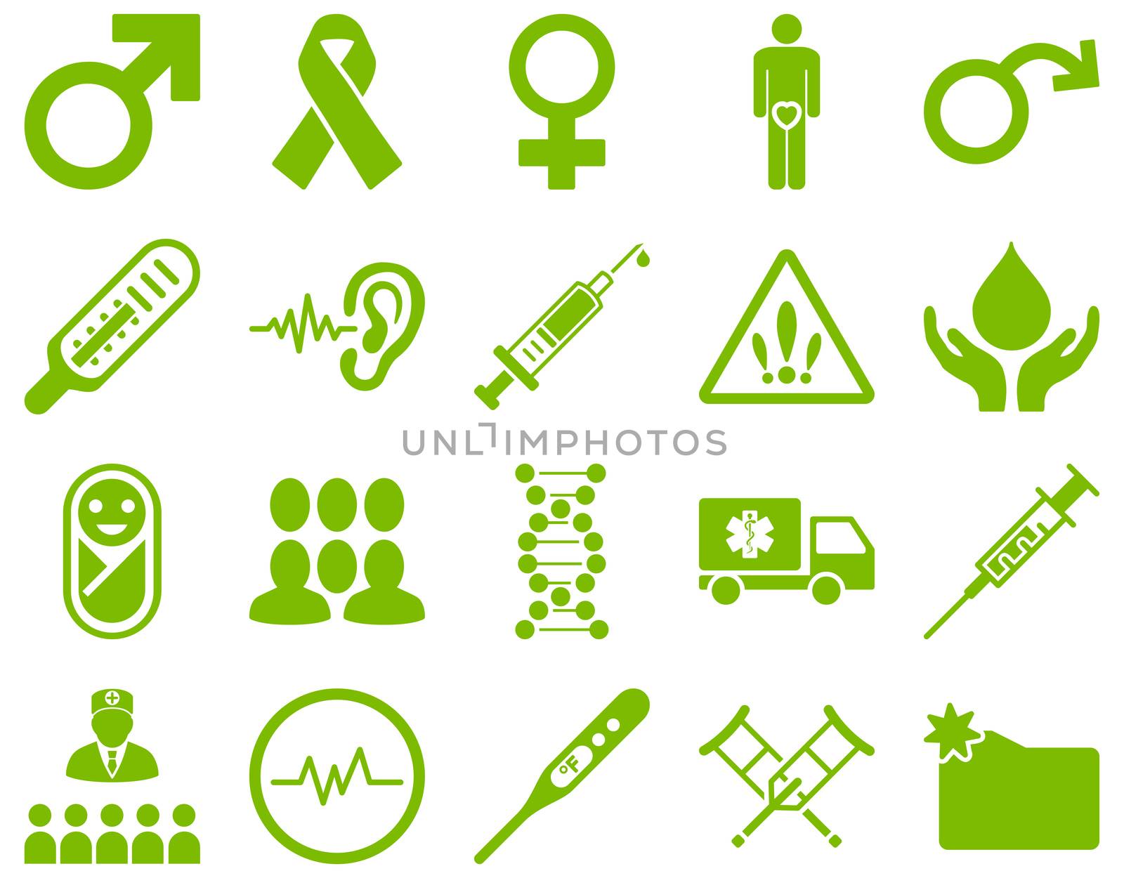 Medical icon set. Style: icons drawn with eco green color on a white background.