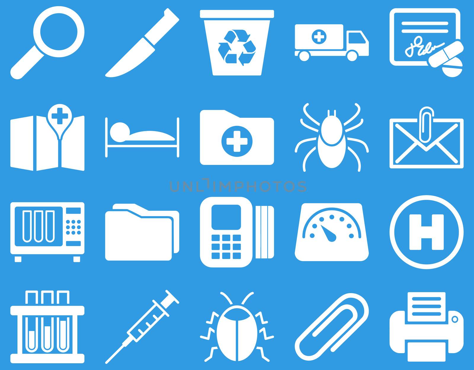 Medical icon set. Style: icons drawn with white color on a blue background.