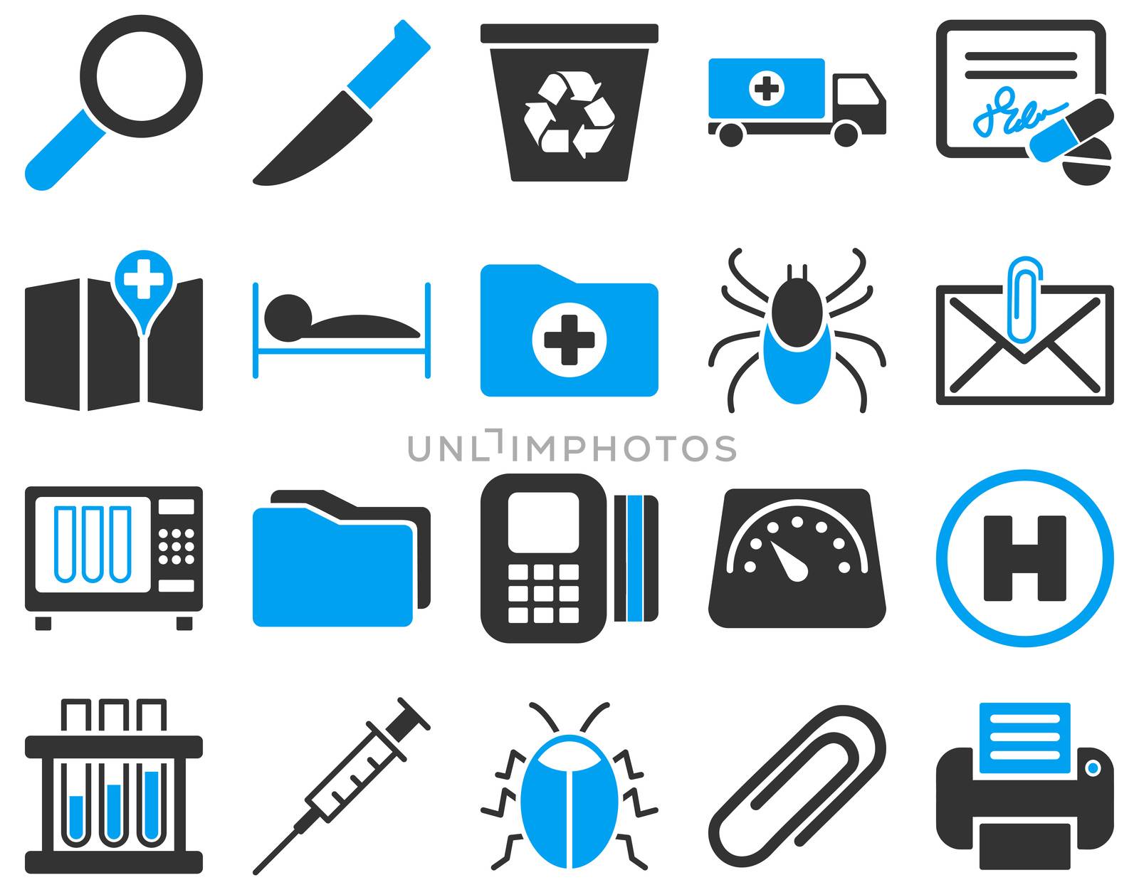 Medical icon set. Style: bicolor icons drawn with blue and gray colors on a white background.