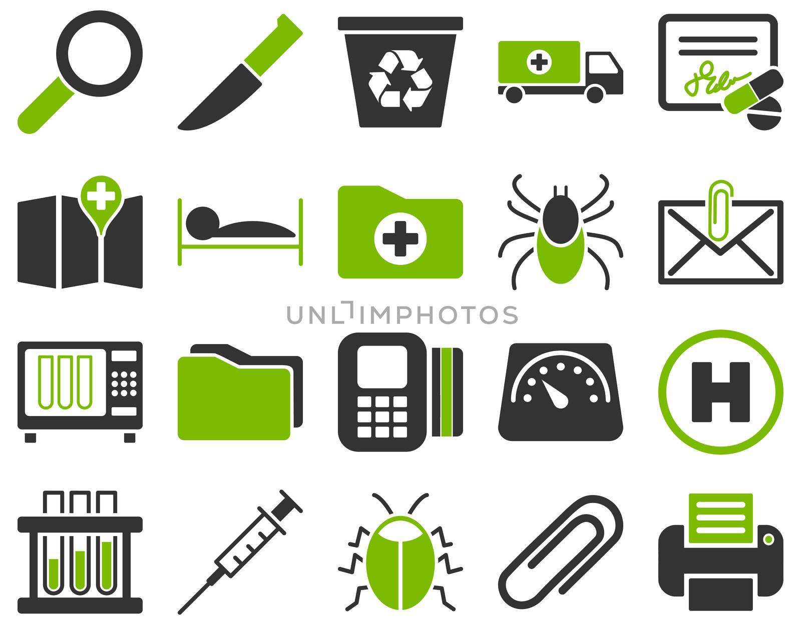 Medical icon set. Style: bicolor icons drawn with eco green and gray colors on a white background.