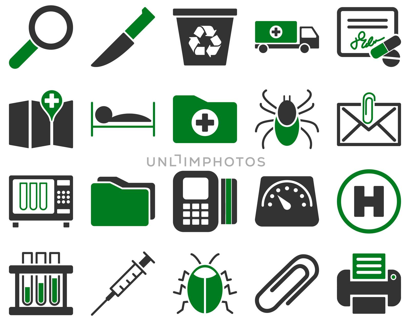 Medical icon set. Style: bicolor icons drawn with green and gray colors on a white background.