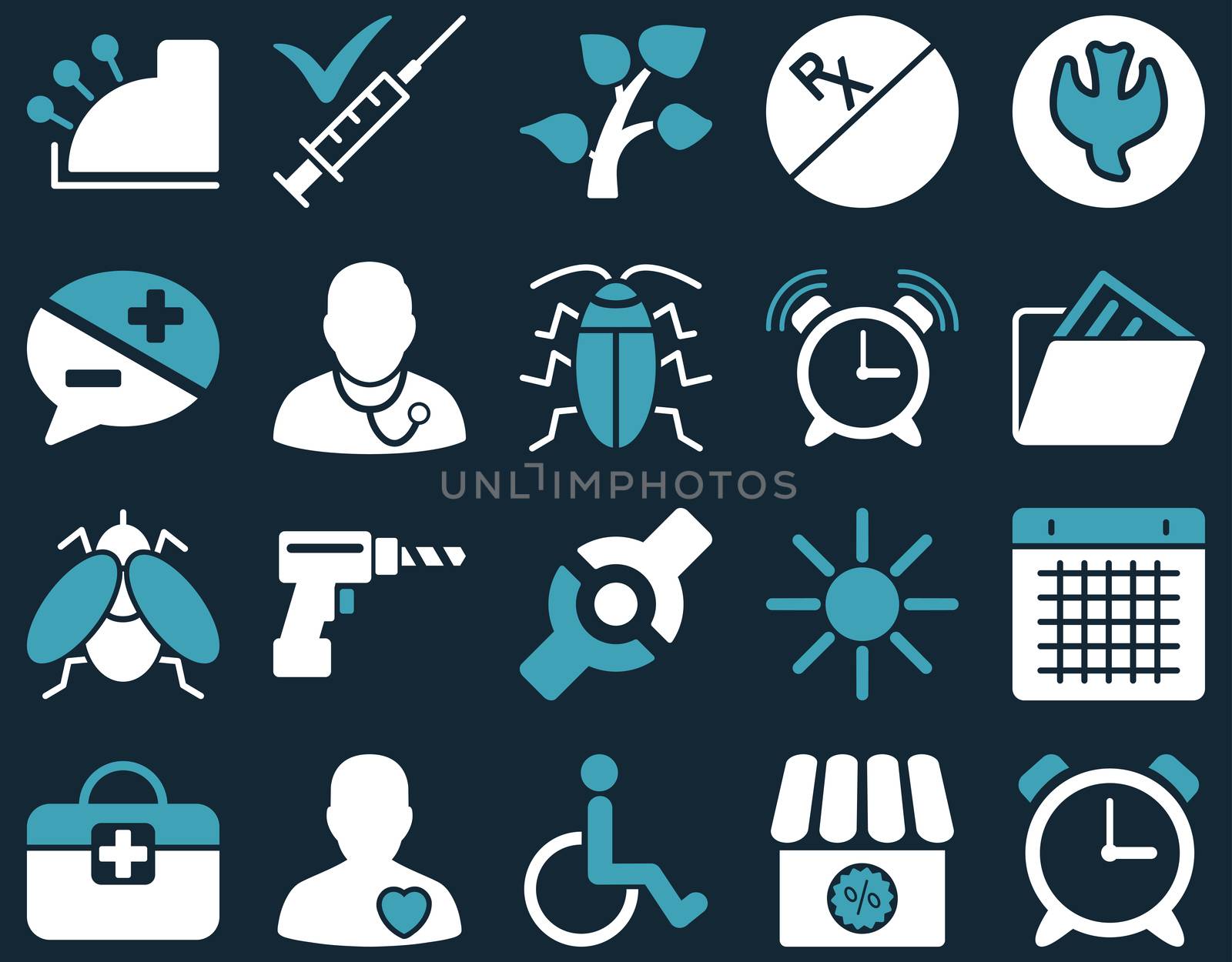 Medical icon set. Style: bicolor icons drawn with blue and white colors on a dark blue background.