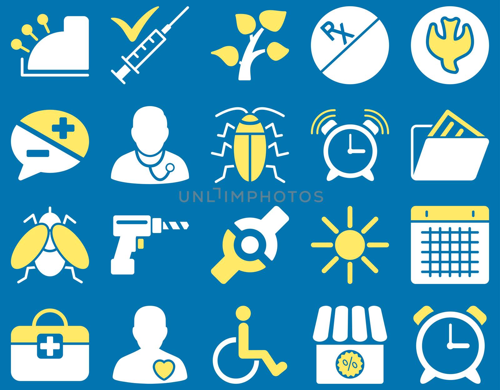 Medical icon set. Style: bicolor icons drawn with yellow and white colors on a blue background.