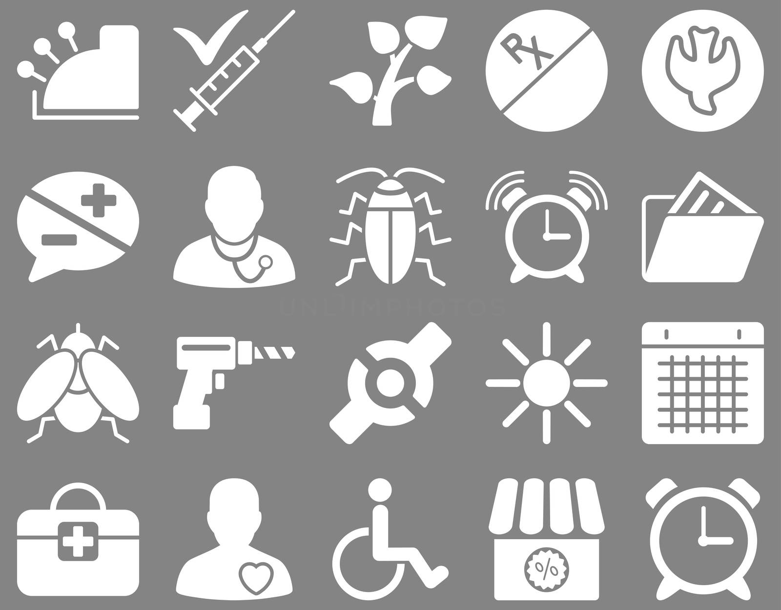 Medical icon set. Style: icons drawn with white color on a gray background.