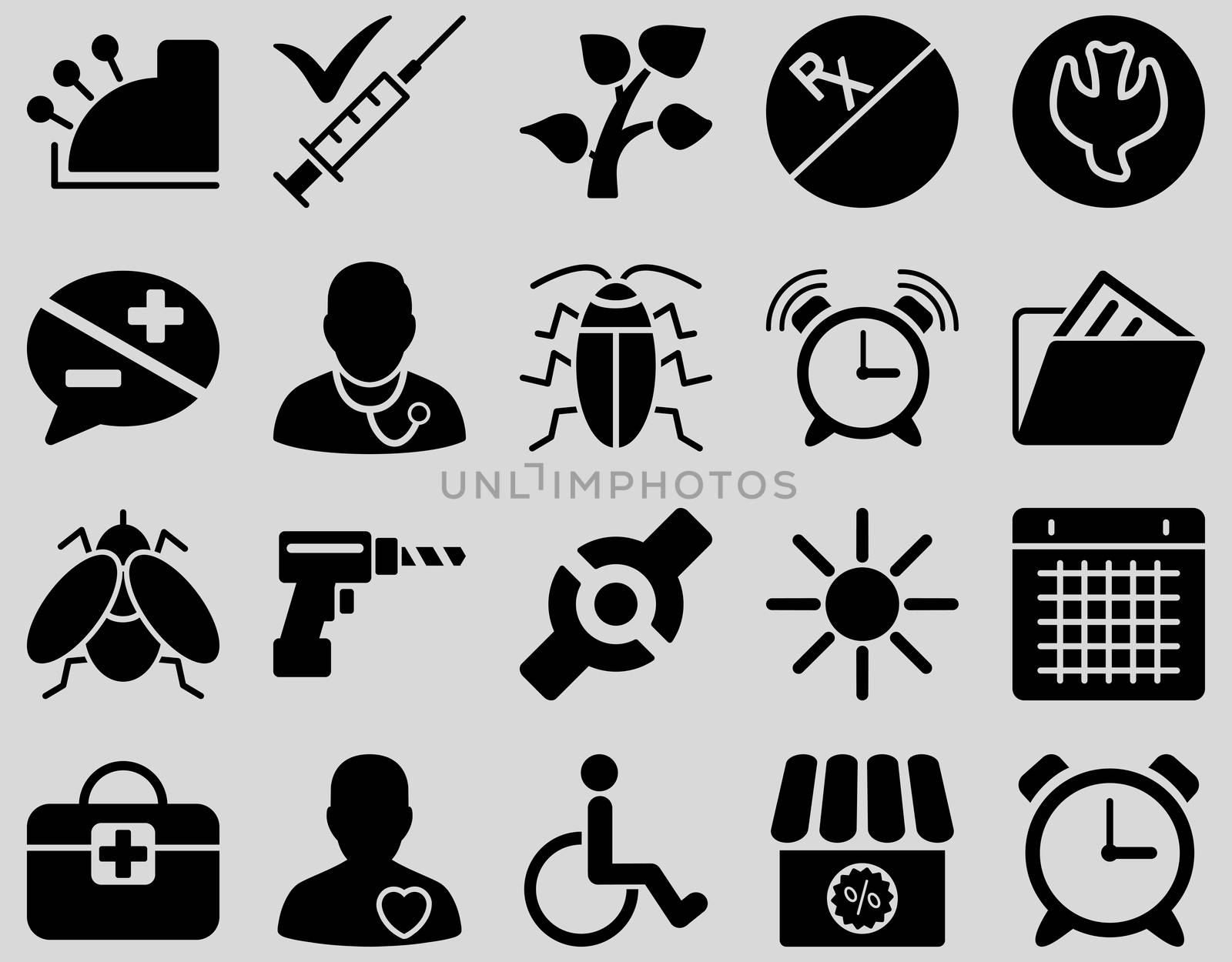 Medical icon set. Style: icons drawn with black color on a light gray background.