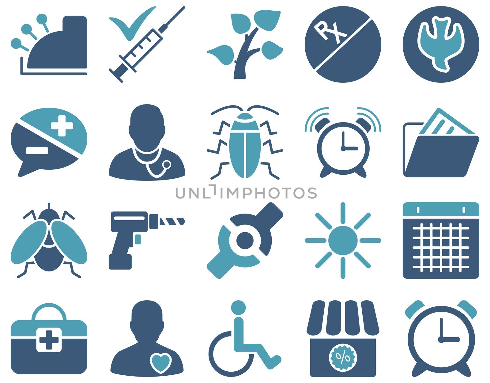 Medical icon set. Style: bicolor icons drawn with cyan and blue colors on a white background.