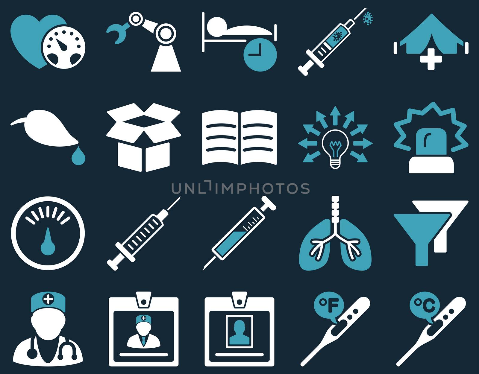 Medical icon set. Style: bicolor icons drawn with blue and white colors on a dark blue background.