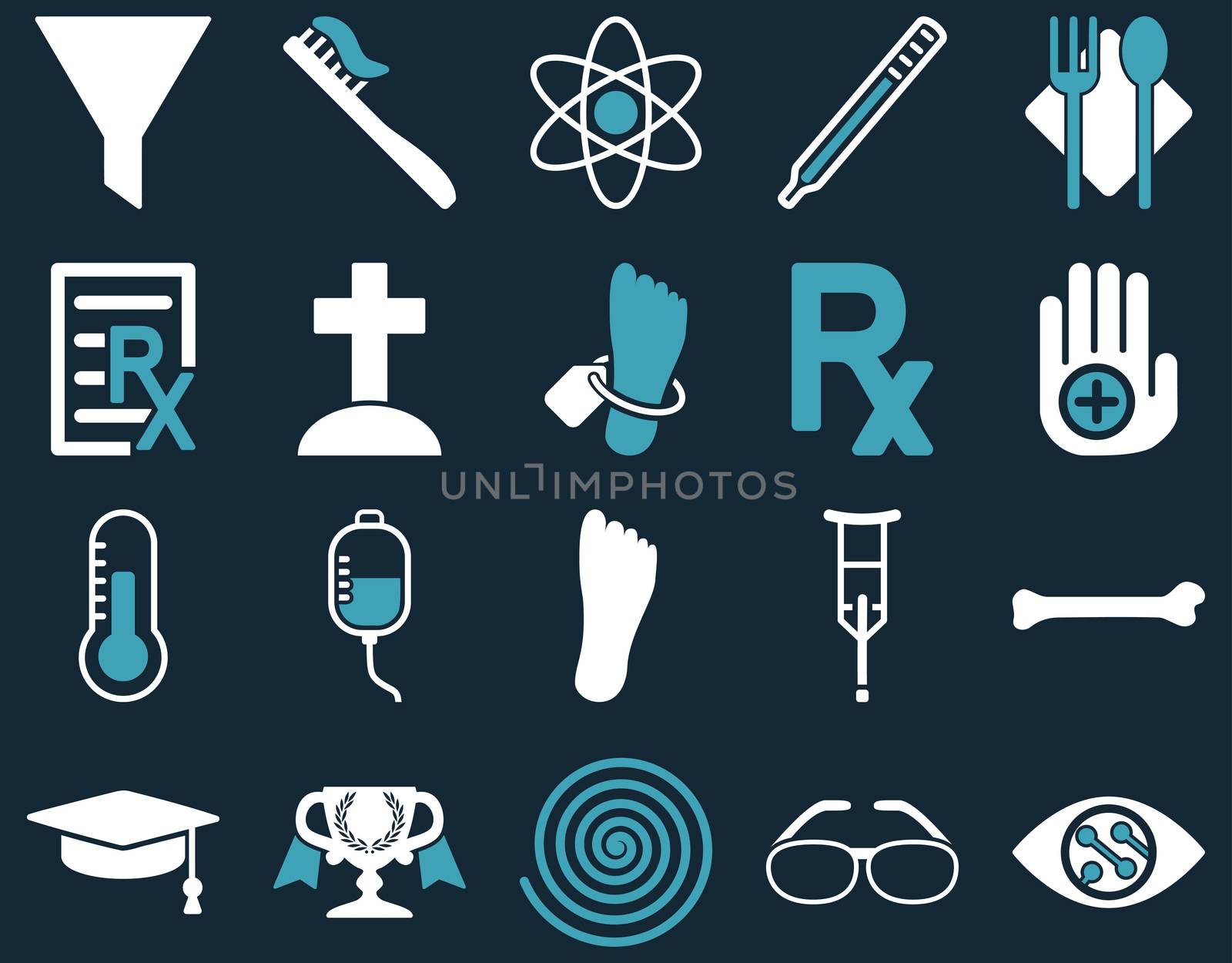 Medical icon set. Style: bicolor icons drawn with blue and white colors on a dark blue background.