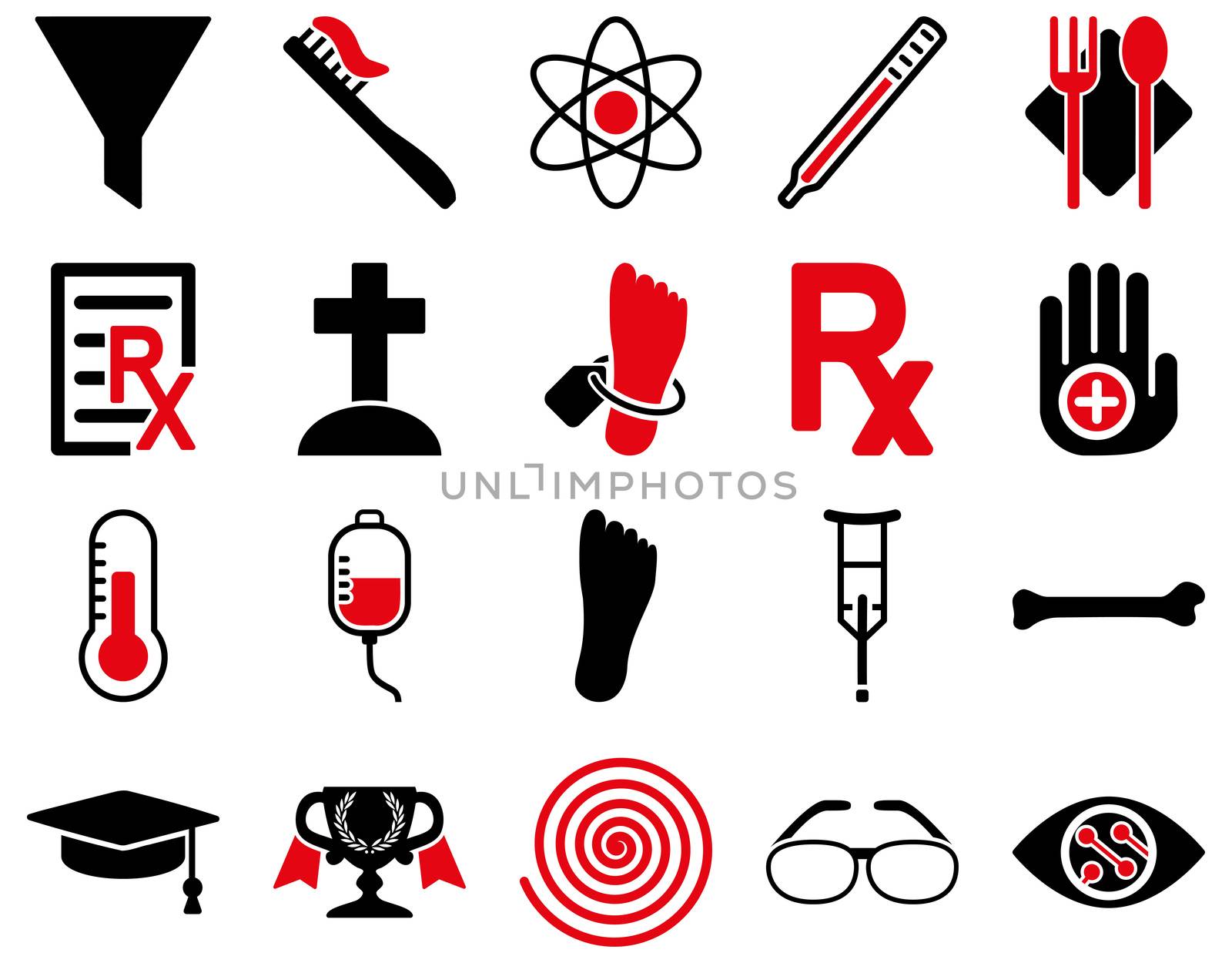 Medical icon set. Style: bicolor icons drawn with intensive red and black colors on a white background.