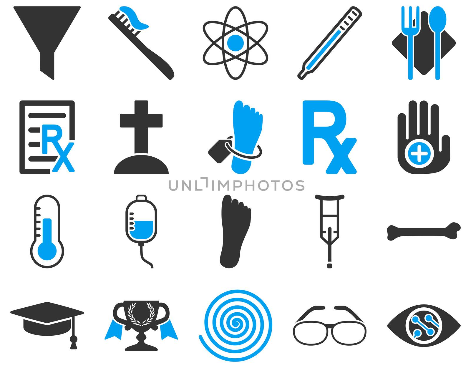 Medical icon set. Style: bicolor icons drawn with blue and gray colors on a white background.