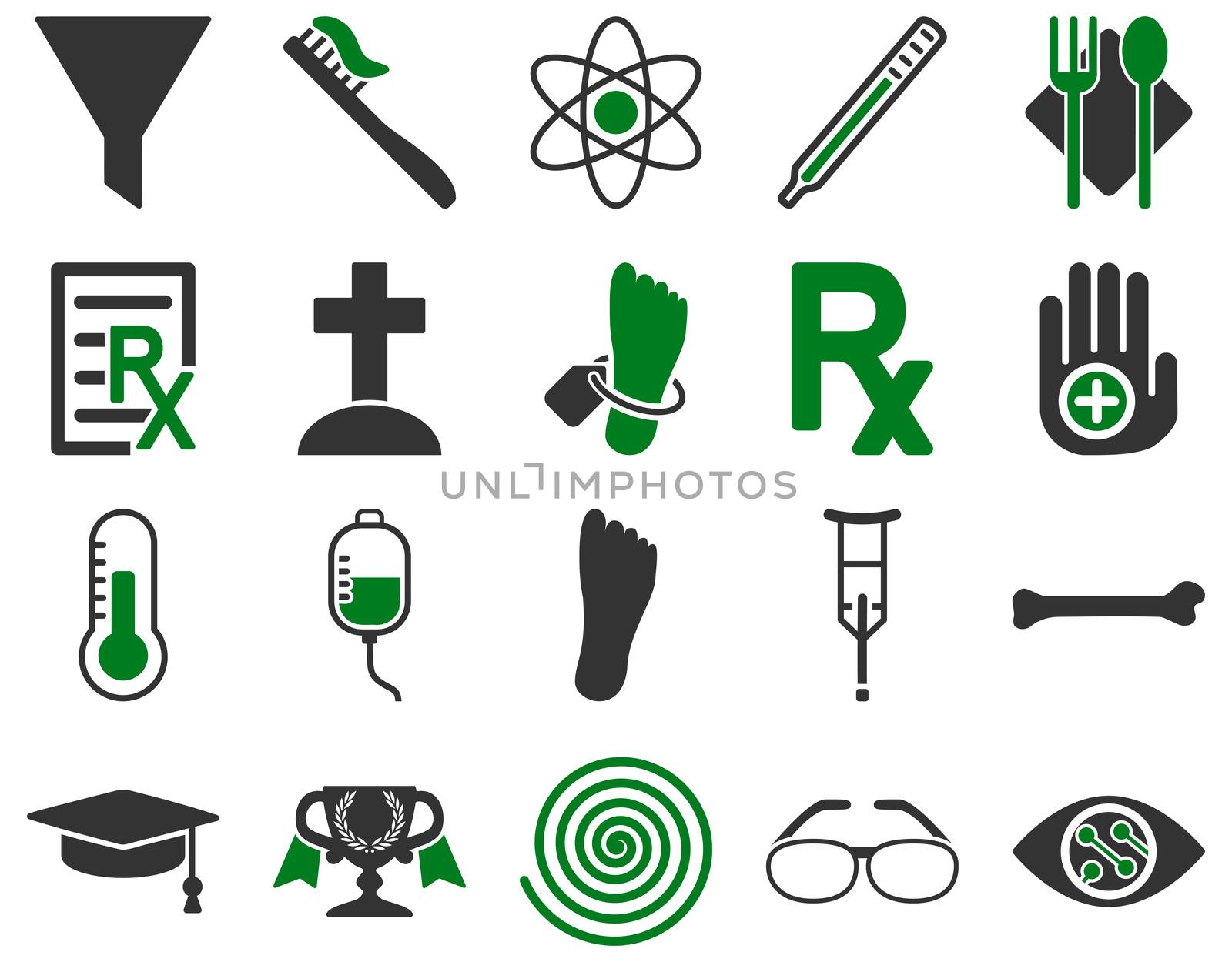 Medical icon set. Style: bicolor icons drawn with green and gray colors on a white background.