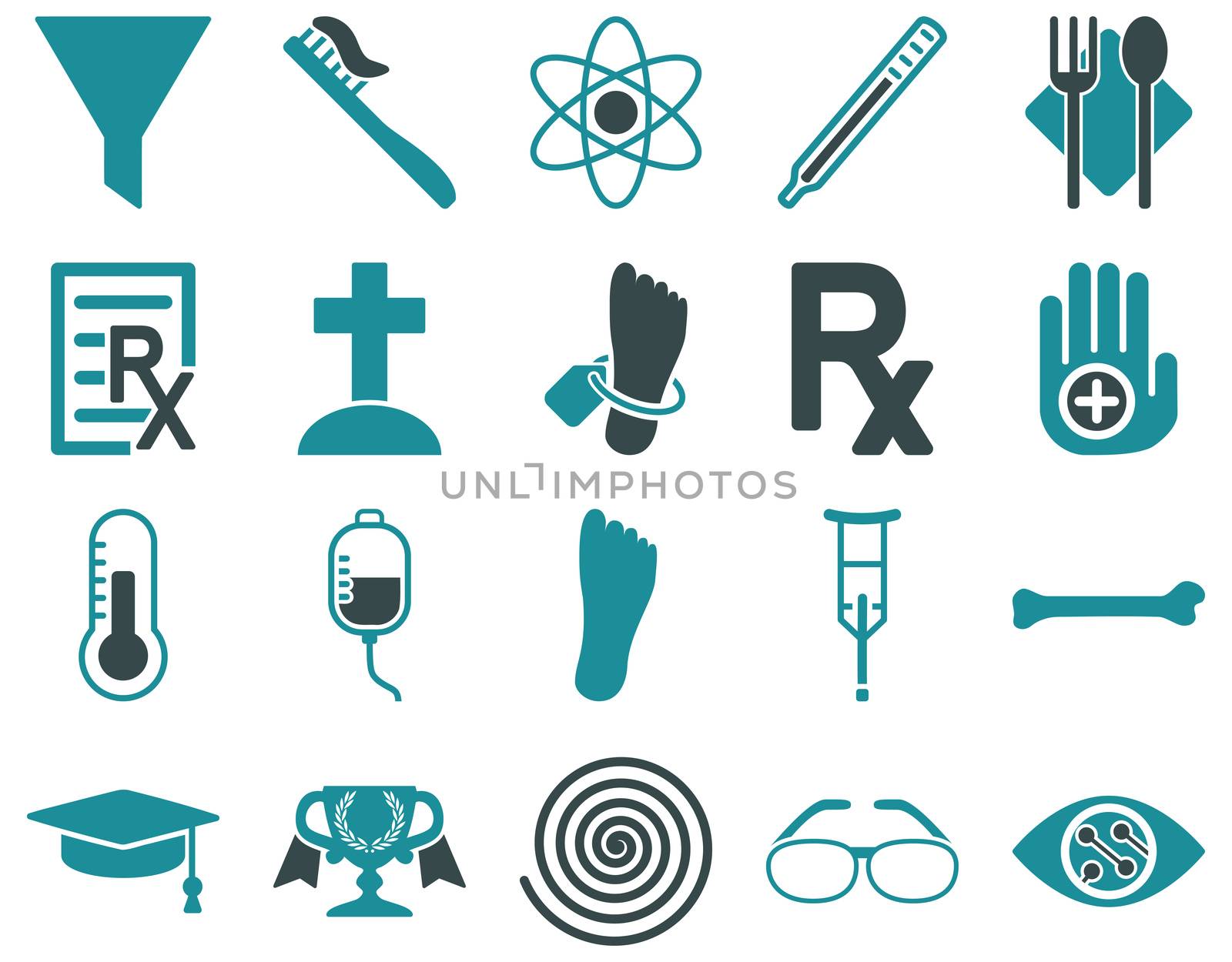 Medical icon set. Style: bicolor icons drawn with soft blue colors on a white background.