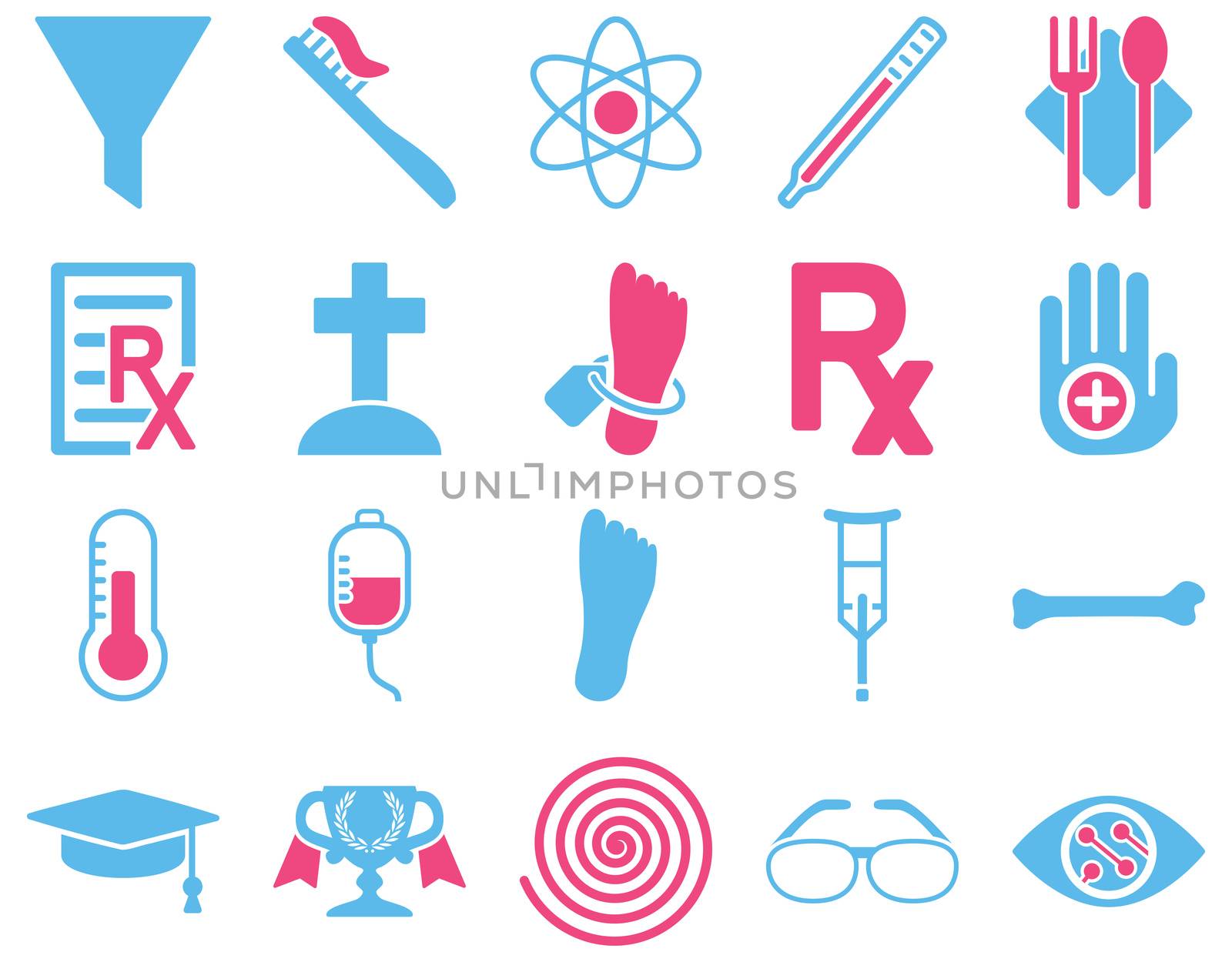 Medical icon set. Style: bicolor icons drawn with pink and blue colors on a white background.