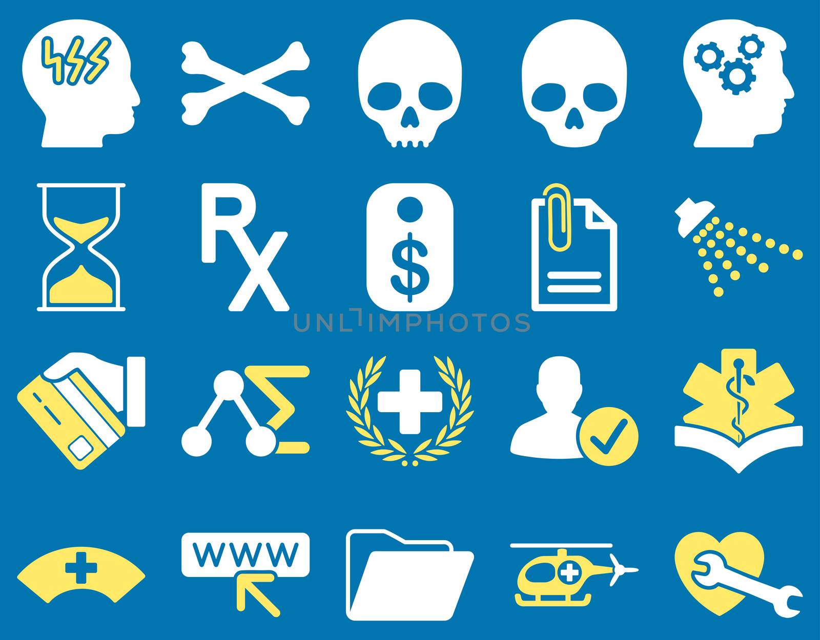 Medical icon set. Style: bicolor icons drawn with yellow and white colors on a blue background.