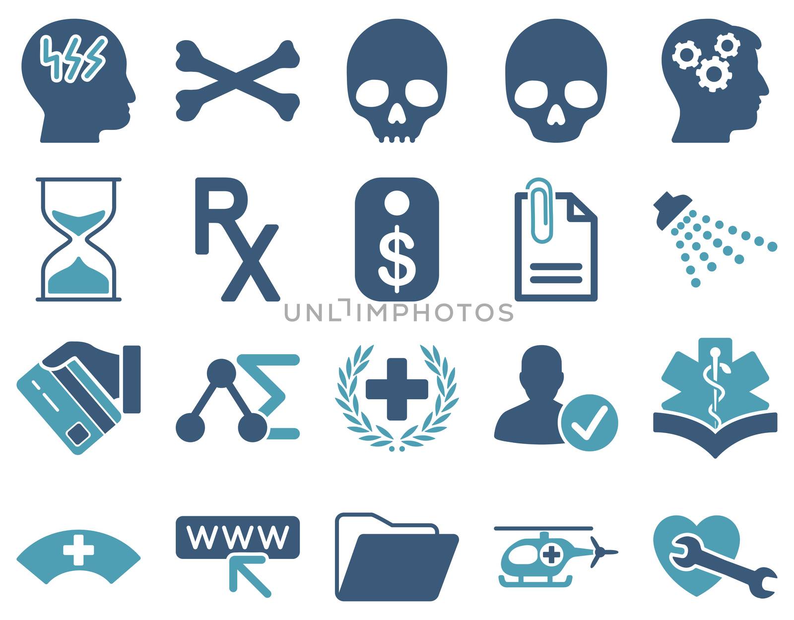 Medical icon set. Style: bicolor icons drawn with cyan and blue colors on a white background.