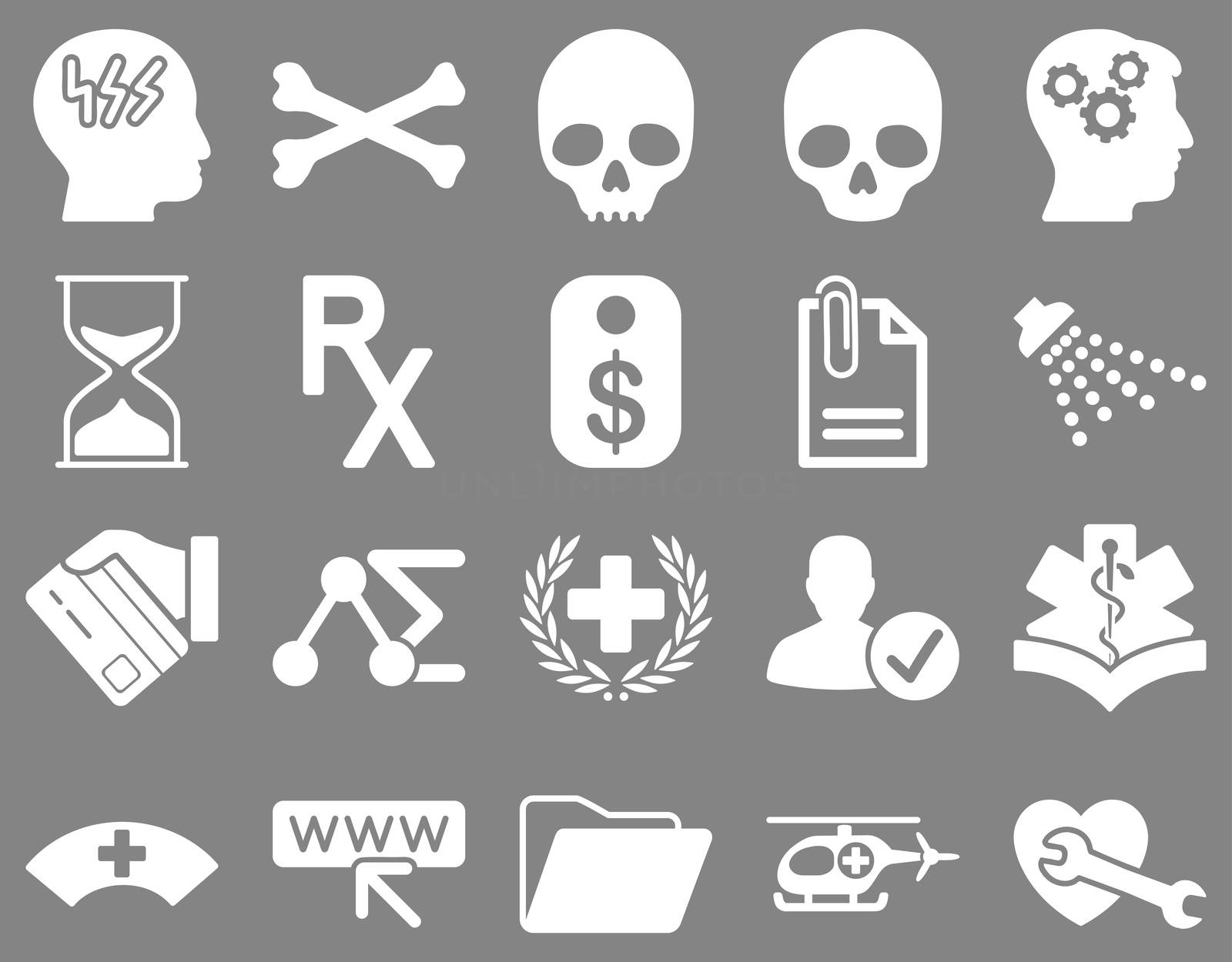 Medical icon set. Style: icons drawn with white color on a gray background.