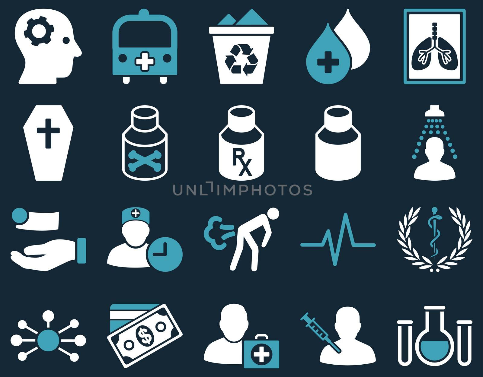 Medical icon set. Style: bicolor icons drawn with blue and white colors on a dark blue background.