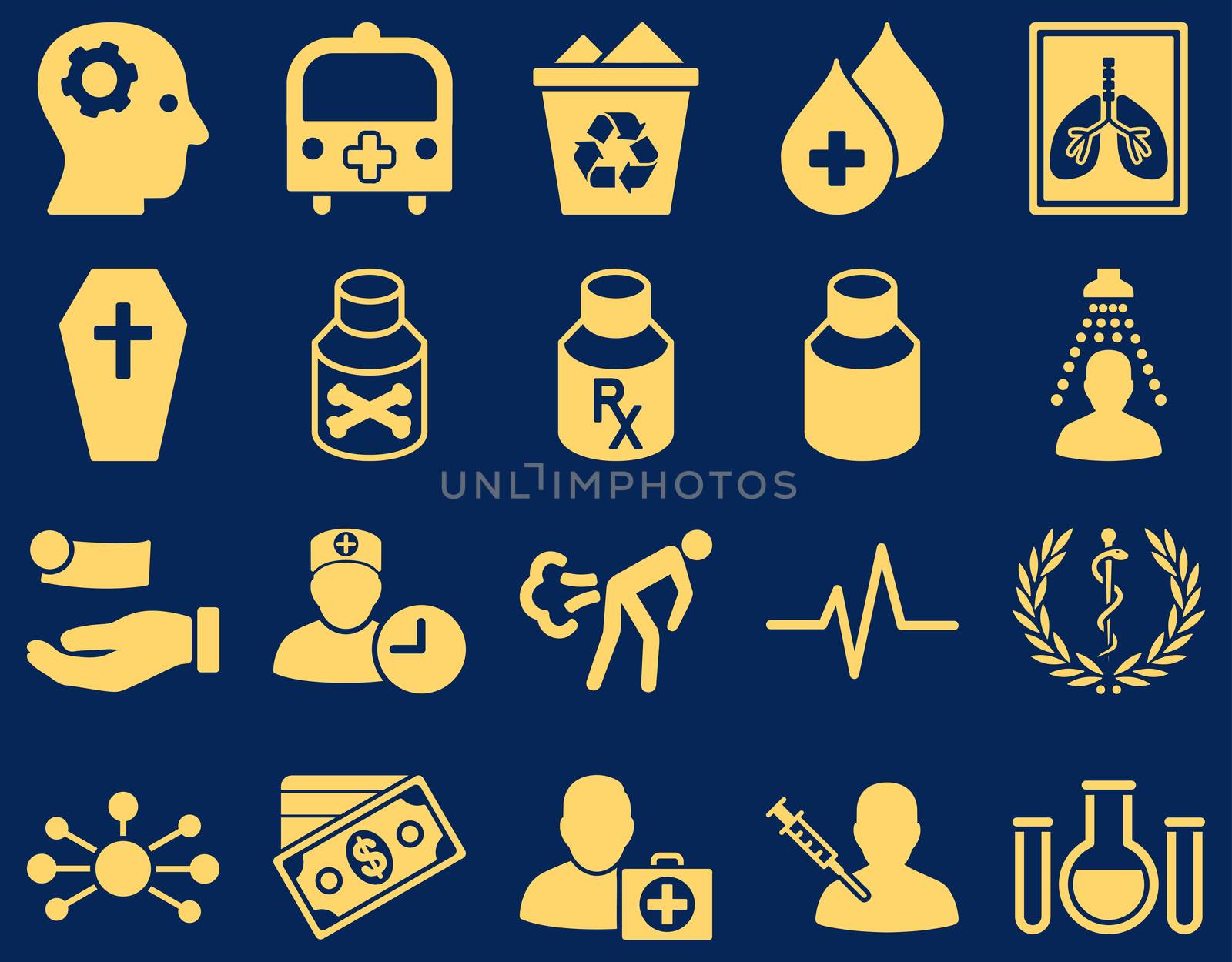 Medical icon set. Style: icons drawn with yellow color on a blue background.