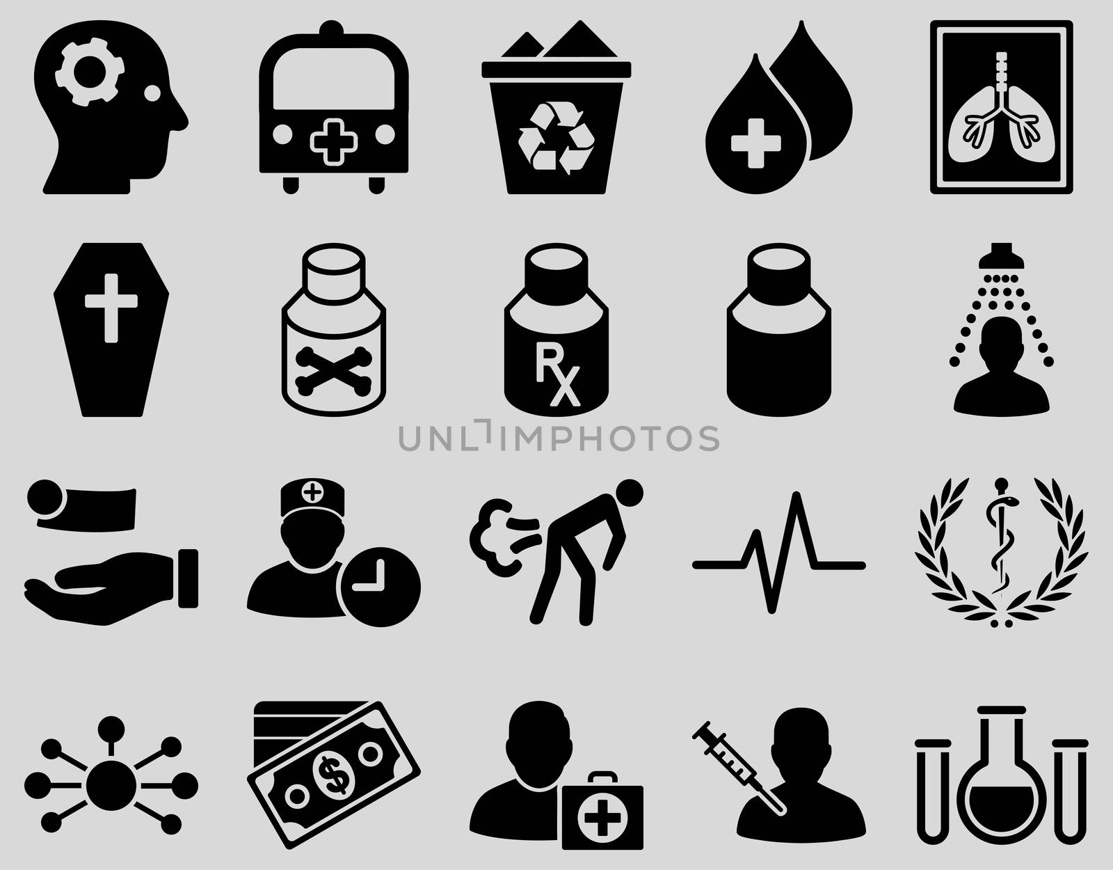 Medical icon set. Style: icons drawn with black color on a light gray background.