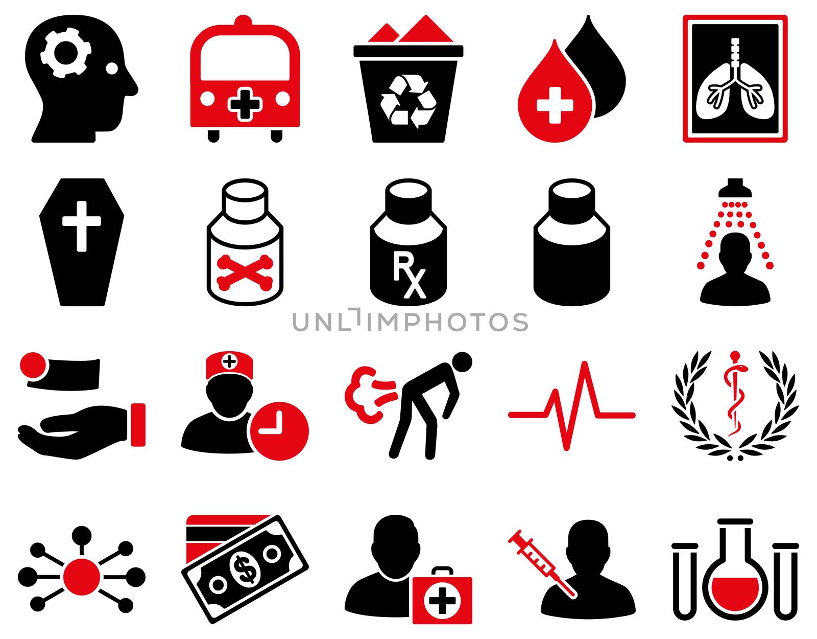 Medical icon set. Style: bicolor icons drawn with intensive red and black colors on a white background.