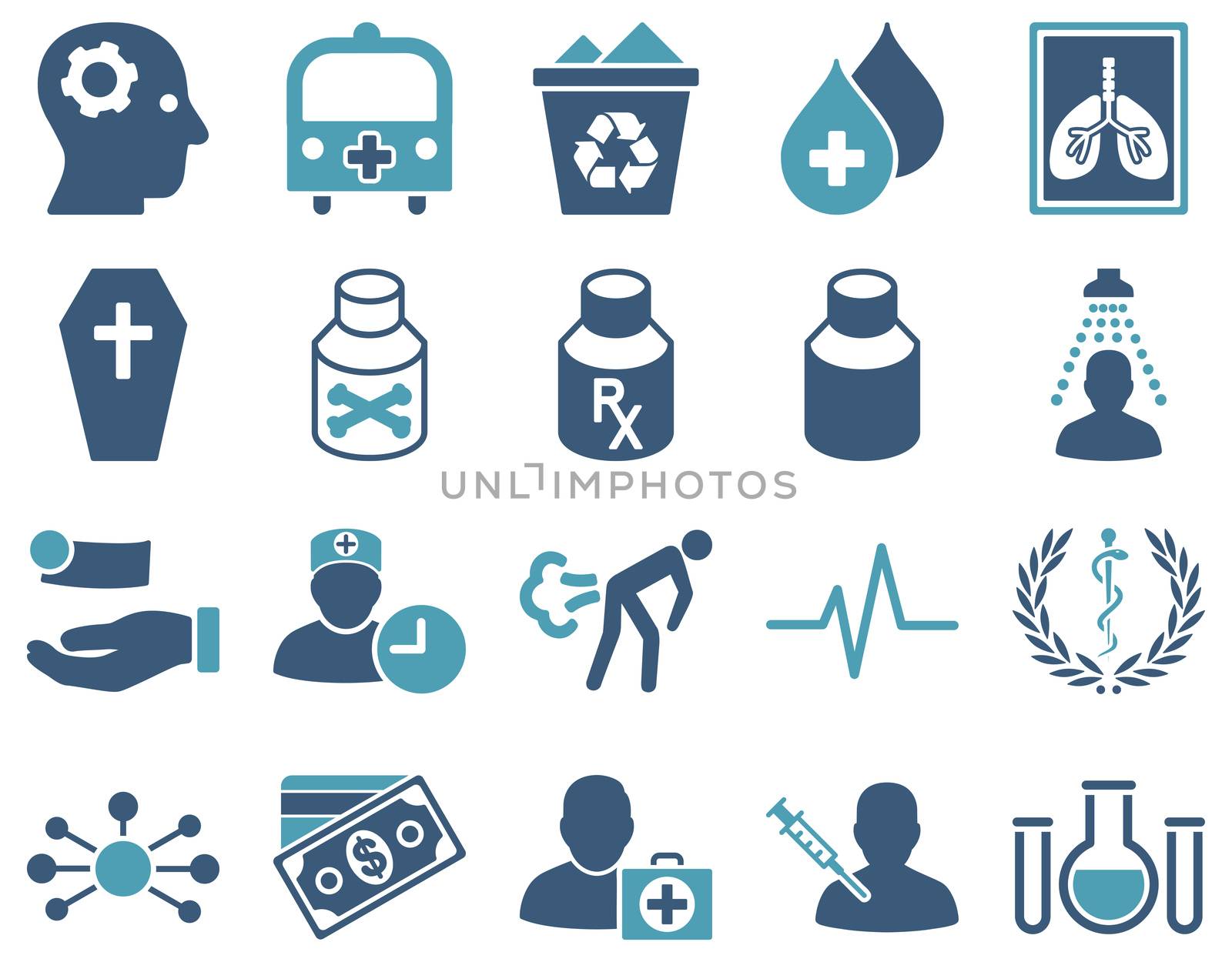 Medical icon set. Style: bicolor icons drawn with cyan and blue colors on a white background.