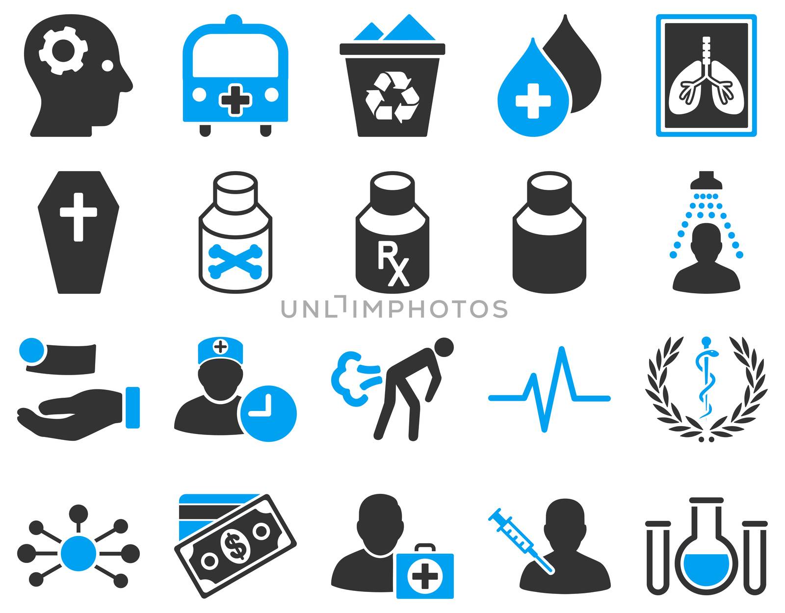 Medical icon set. Style: bicolor icons drawn with blue and gray colors on a white background.