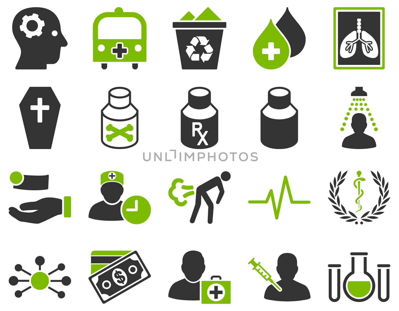 Medical icon set. Style: bicolor icons drawn with eco green and gray colors on a white background.