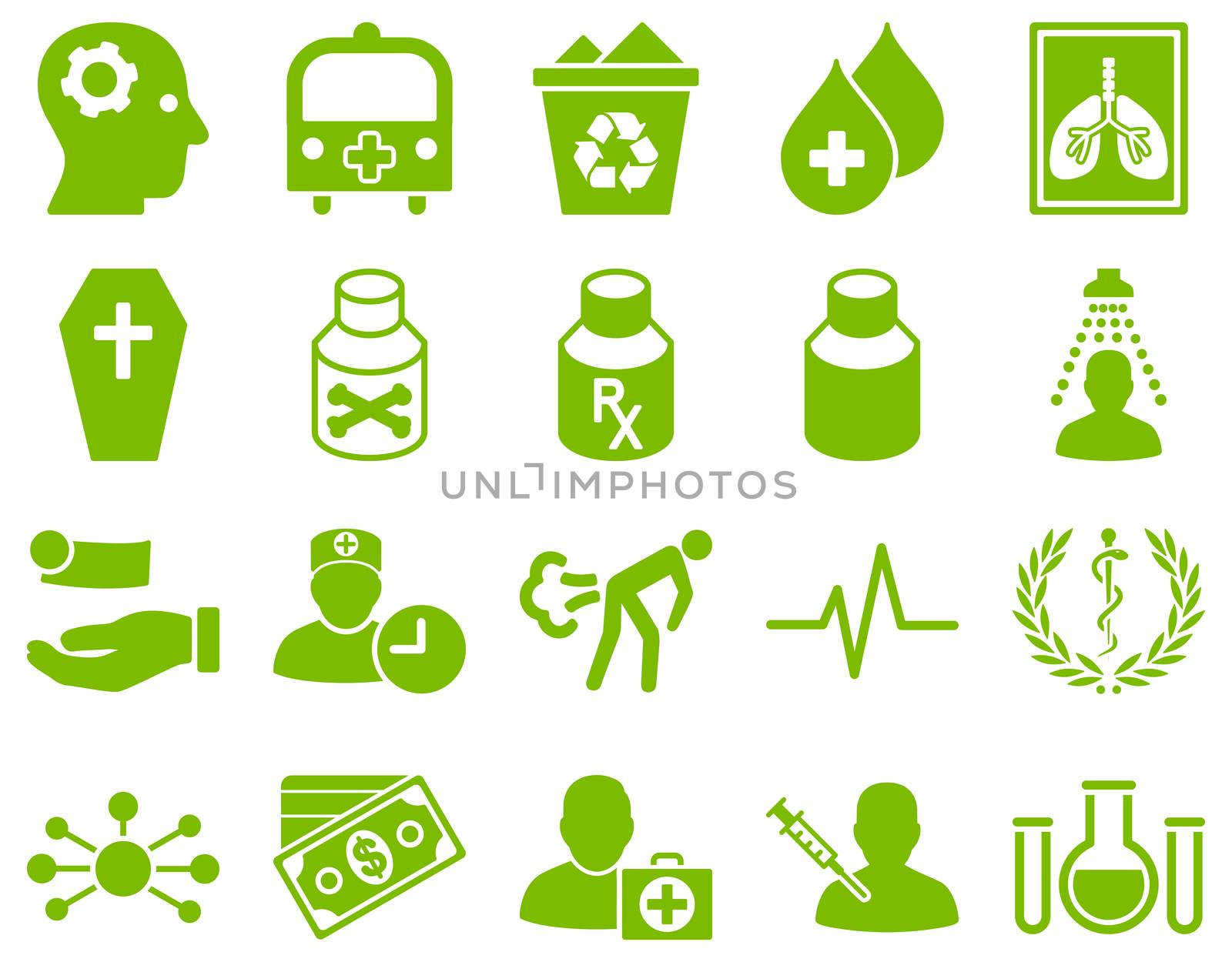 Medical icon set. Style: icons drawn with eco green color on a white background.