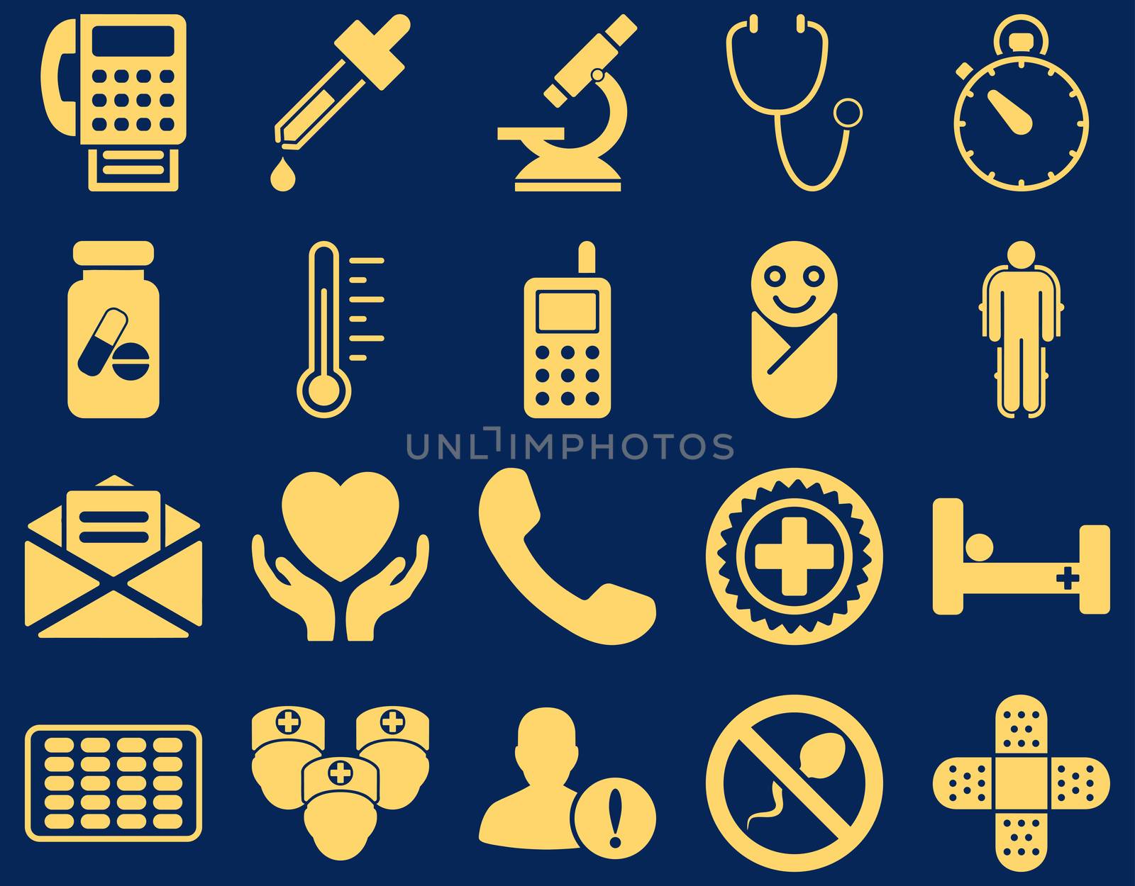 Medical icon set. Style: icons drawn with yellow color on a blue background.