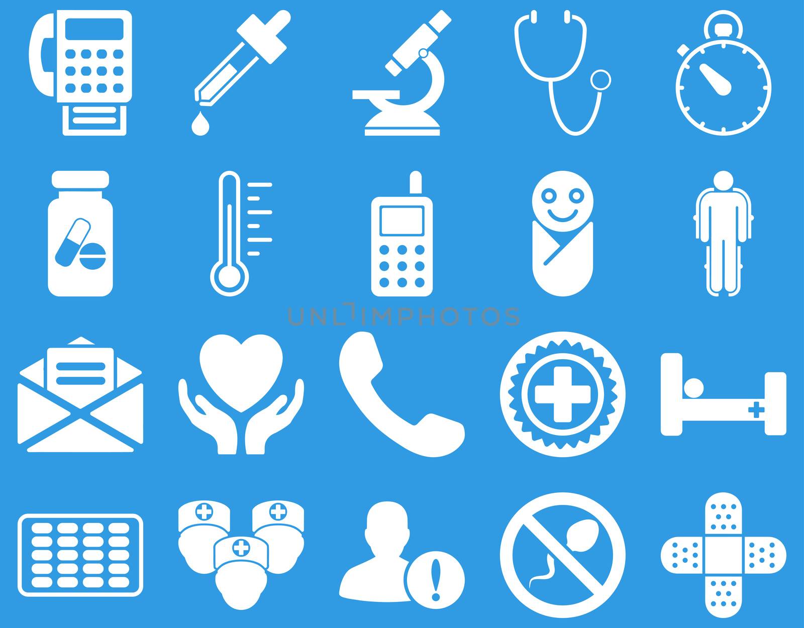 Medical icon set. Style: icons drawn with white color on a blue background.