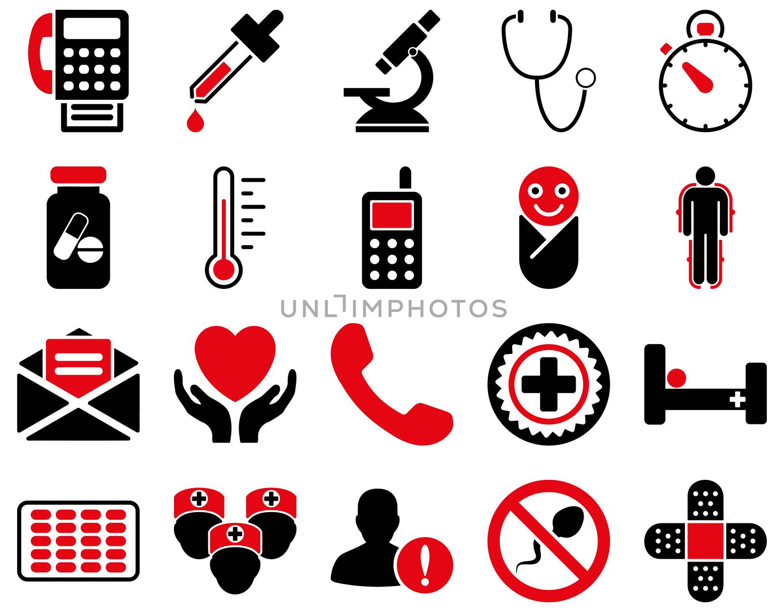 Medical icon set. Style: bicolor icons drawn with intensive red and black colors on a white background.