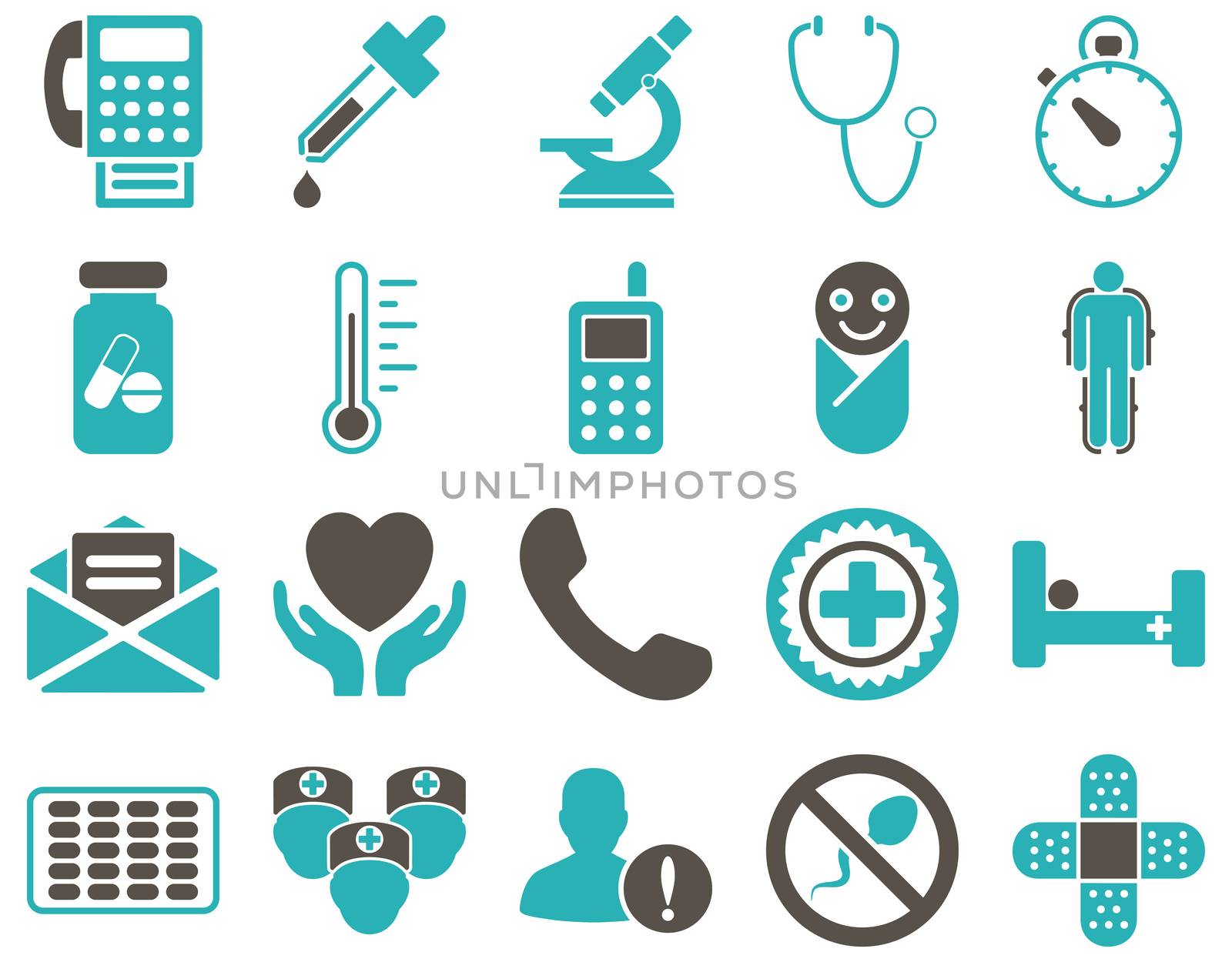 Medical icon set. Style: bicolor icons drawn with grey and cyan colors on a white background.