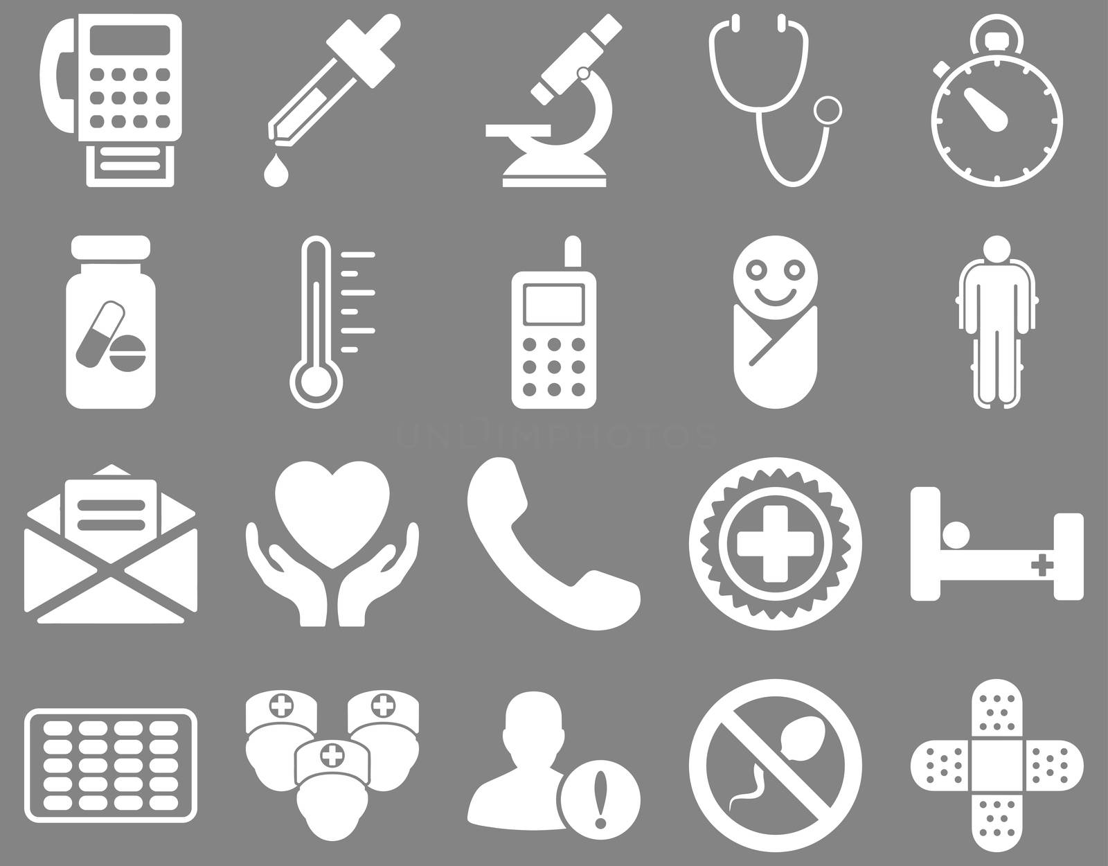 Medical icon set. Style: icons drawn with white color on a gray background.