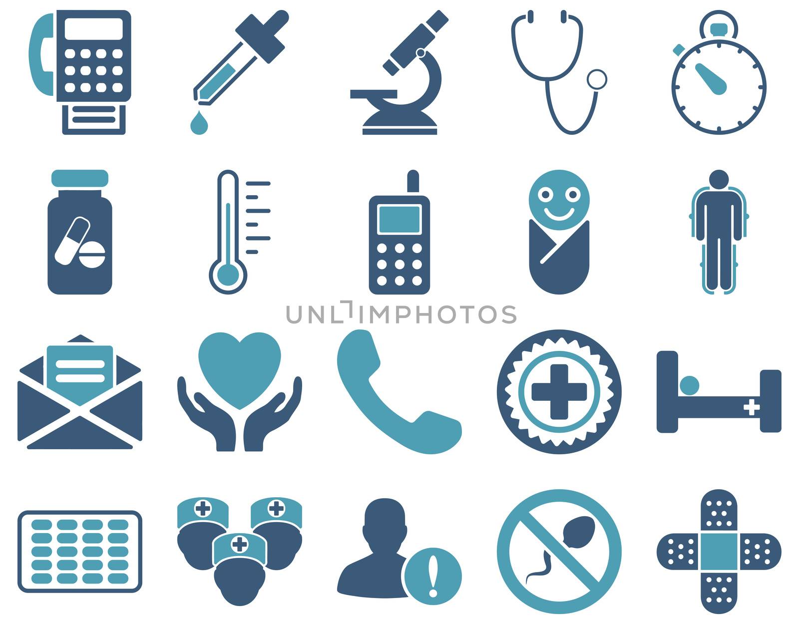 Medical icon set. Style: bicolor icons drawn with cyan and blue colors on a white background.