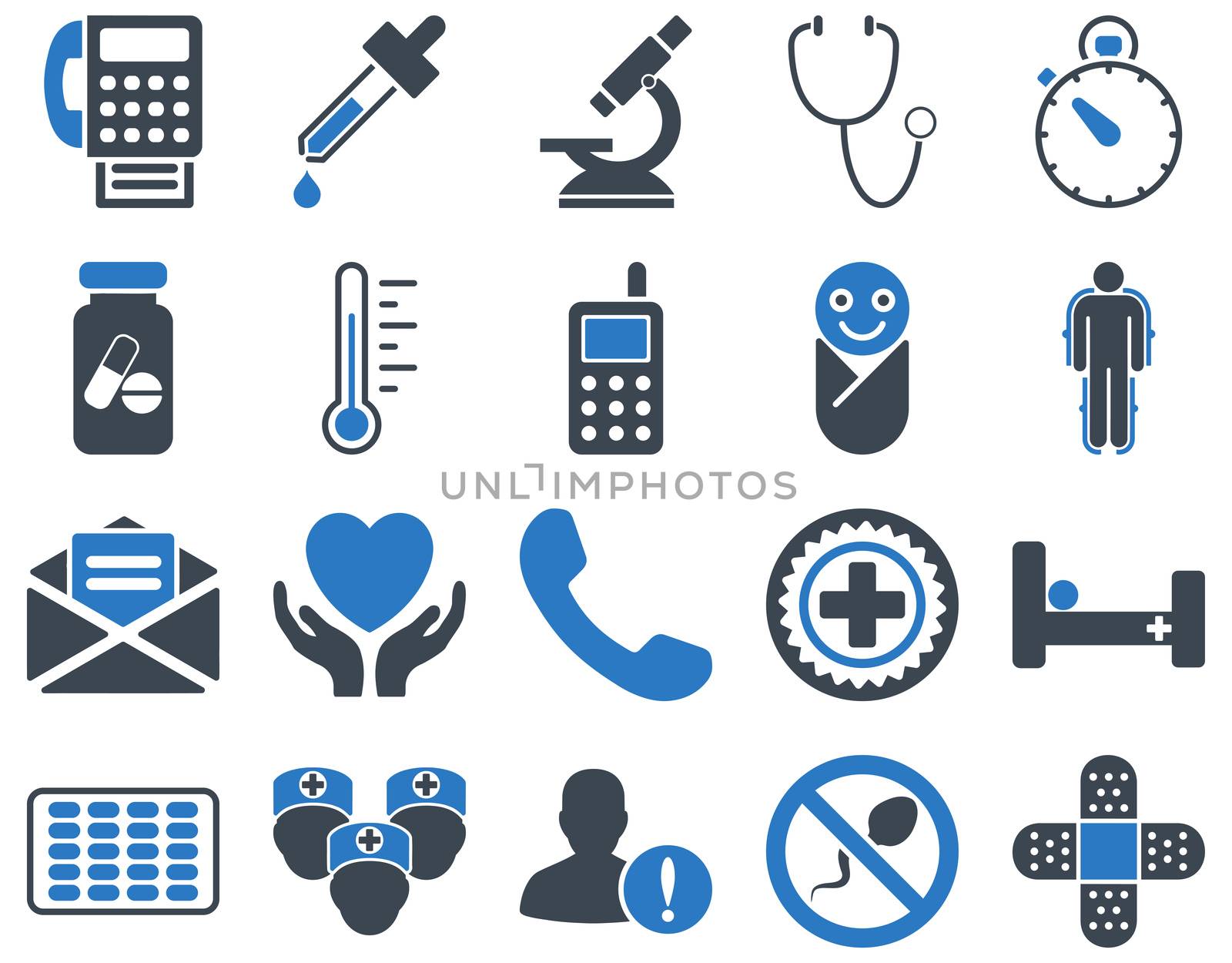 Medical icon set. Style: bicolor icons drawn with smooth blue colors on a white background.