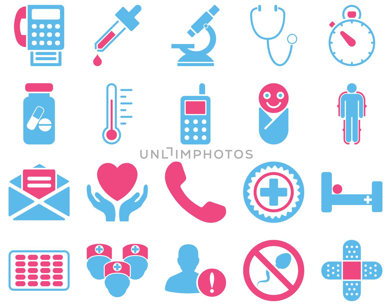 Medical icon set. Style: bicolor icons drawn with pink and blue colors on a white background.